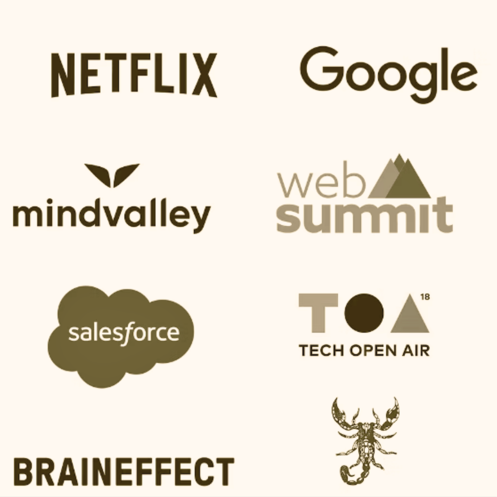 Verschiedene Technologie- und Unternehmenslogos, darunter Netflix, Google, Mindvalley, Web Summit, Salesforce, Tech Open Air, Braineffect, und ein Skorpion. Der Hintergrund ist hell, die Logos sind in verschiedenen Brauntönen.