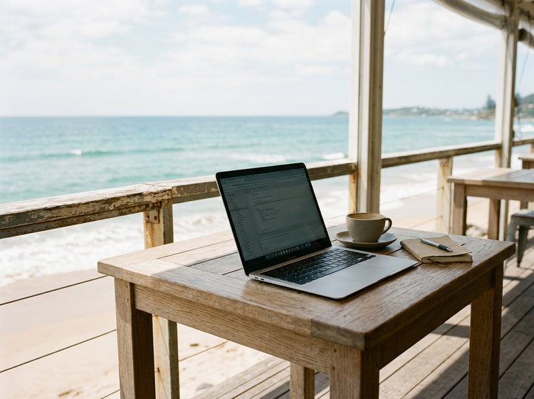 A laptop on a table overlooking the ocean