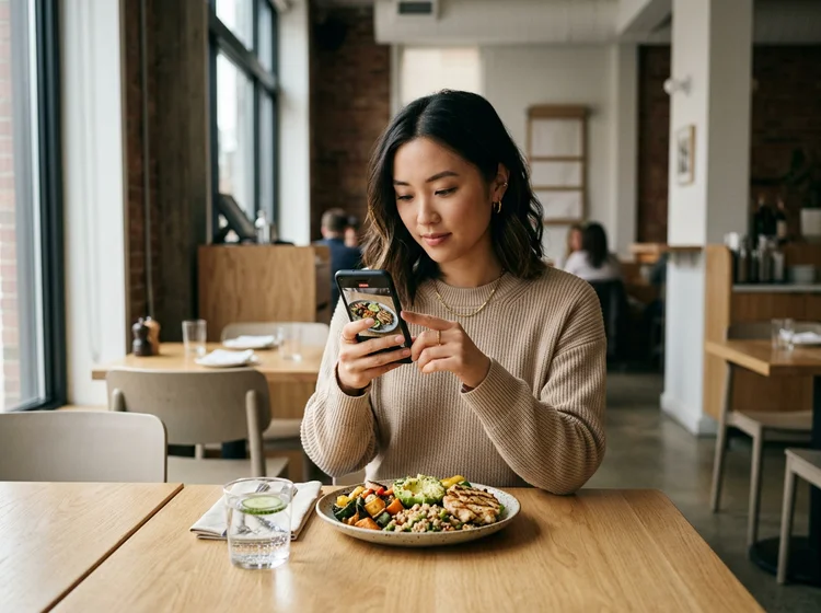 A creator photographing her meal at a cafe