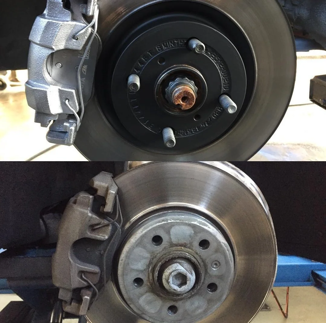 Close-up of a vehicle's brake rotor and caliper, showing the worn brake rotor in the bottom image and the new surface of the brake rotor in the top image, with the brake caliper mounted on the left side.