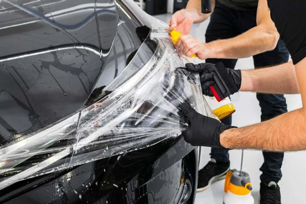 Two individuals applying a clear plastic protective film to a black car's hood, with one person holding a spray bottle and the other smoothing the film.