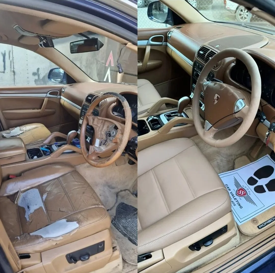 Interior comparison of two cars, showing seats, dashboard, and steering wheel. The left side has a damaged, torn seat and a worn-out steering wheel. The right side has a clean seat and a well-maintained interior, with a floor mat indicating car valuation.