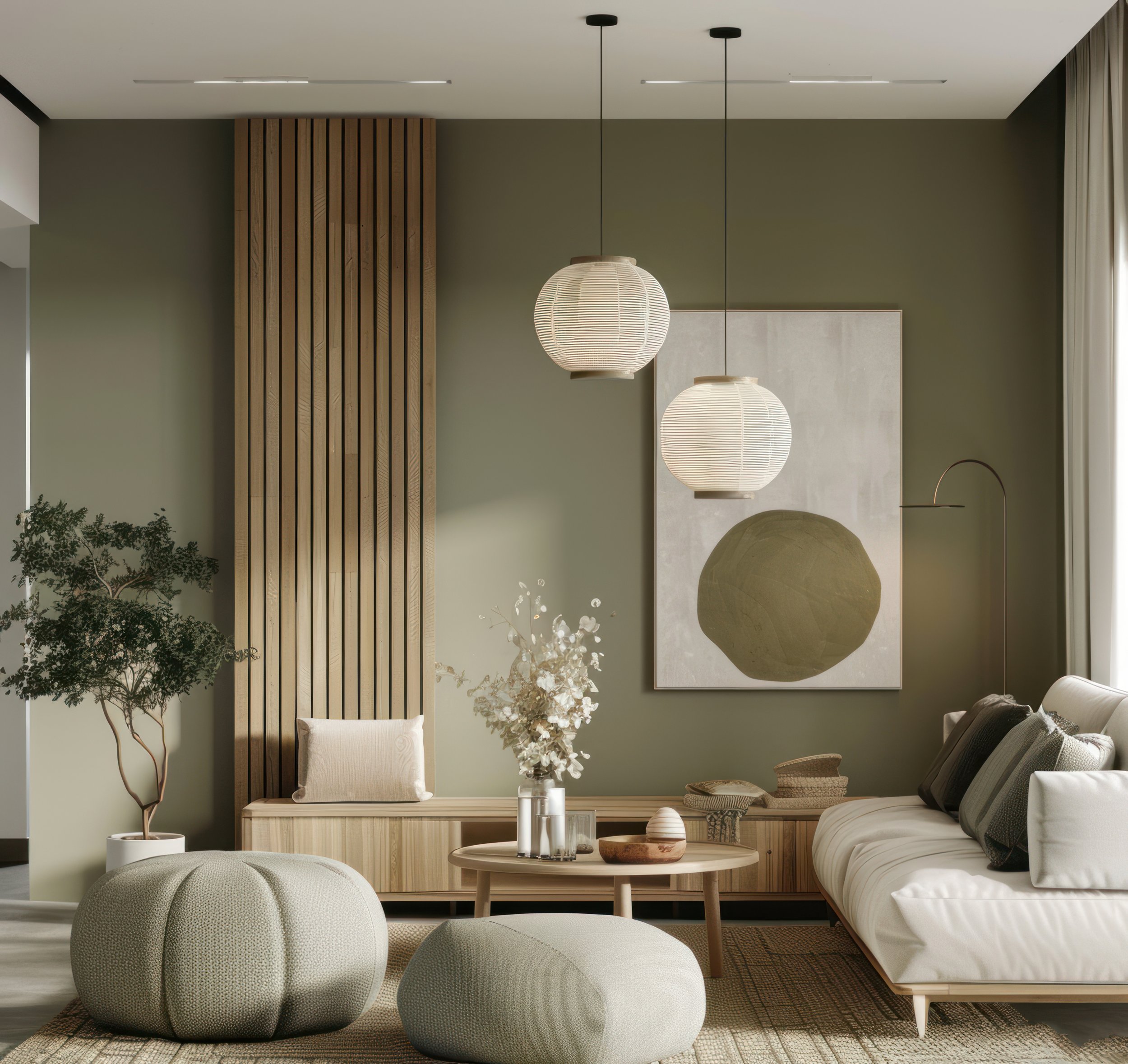 Moderner, minimalistischer Wohnzimmerbereich mit grüner Wand, weißen Sofa, runden Sitzpouf, hölzerner Sitzbank, Wandbild und drei hängenden Lampen in neutralen Tönen.