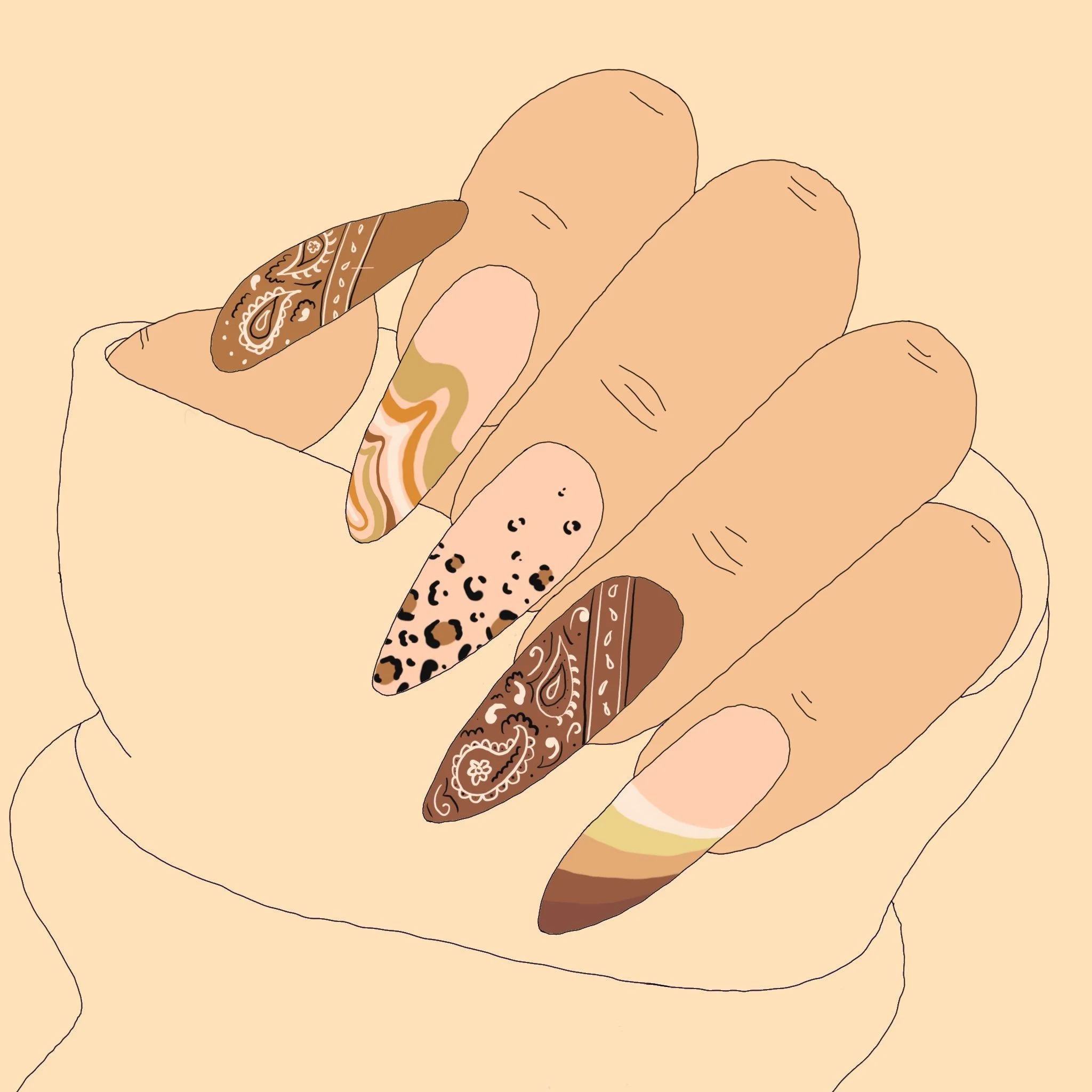 A digital illustration of a hand holding three decorated cookies with a simple background.