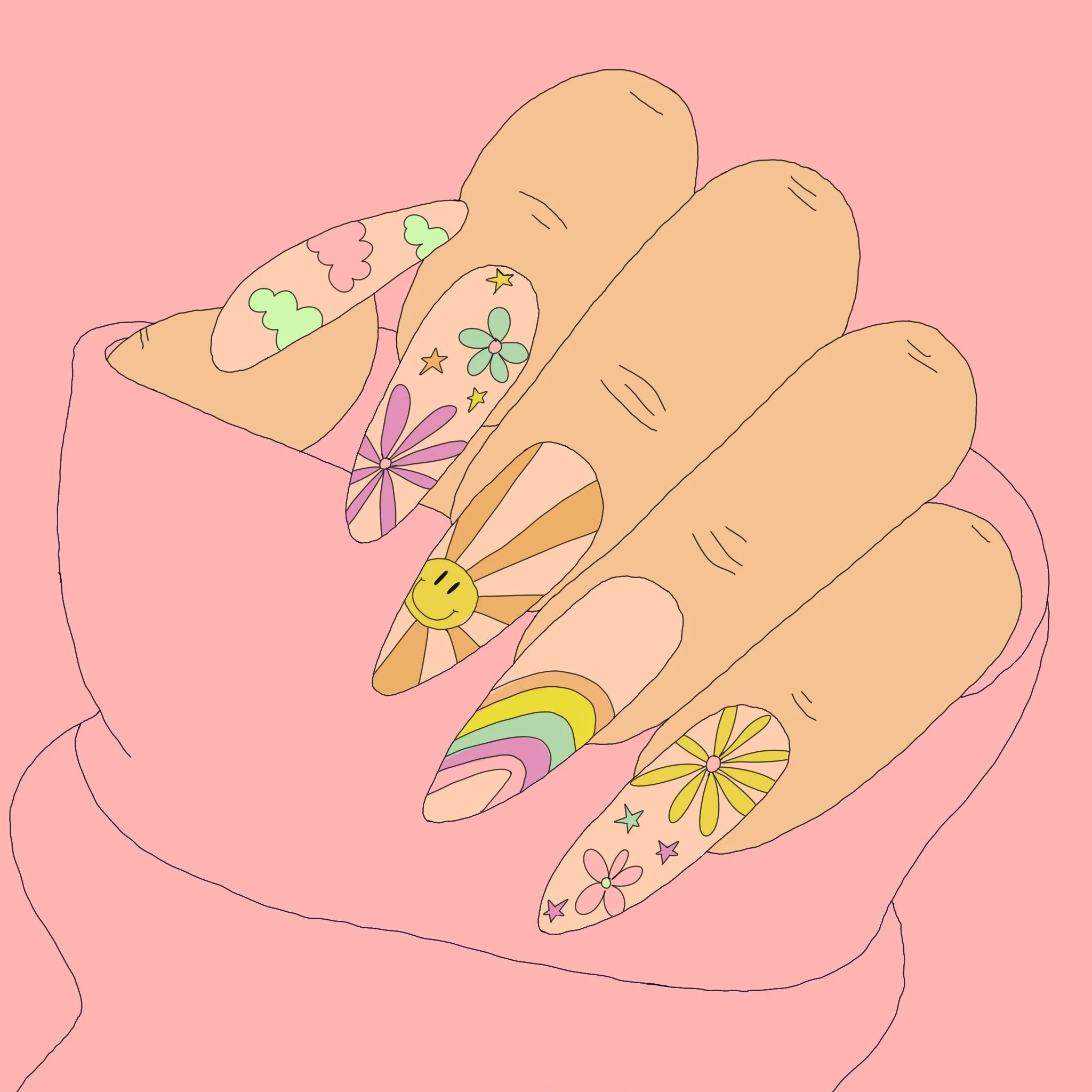Drawing of two hands, one with colorful tattoos, holding each other with pink background.