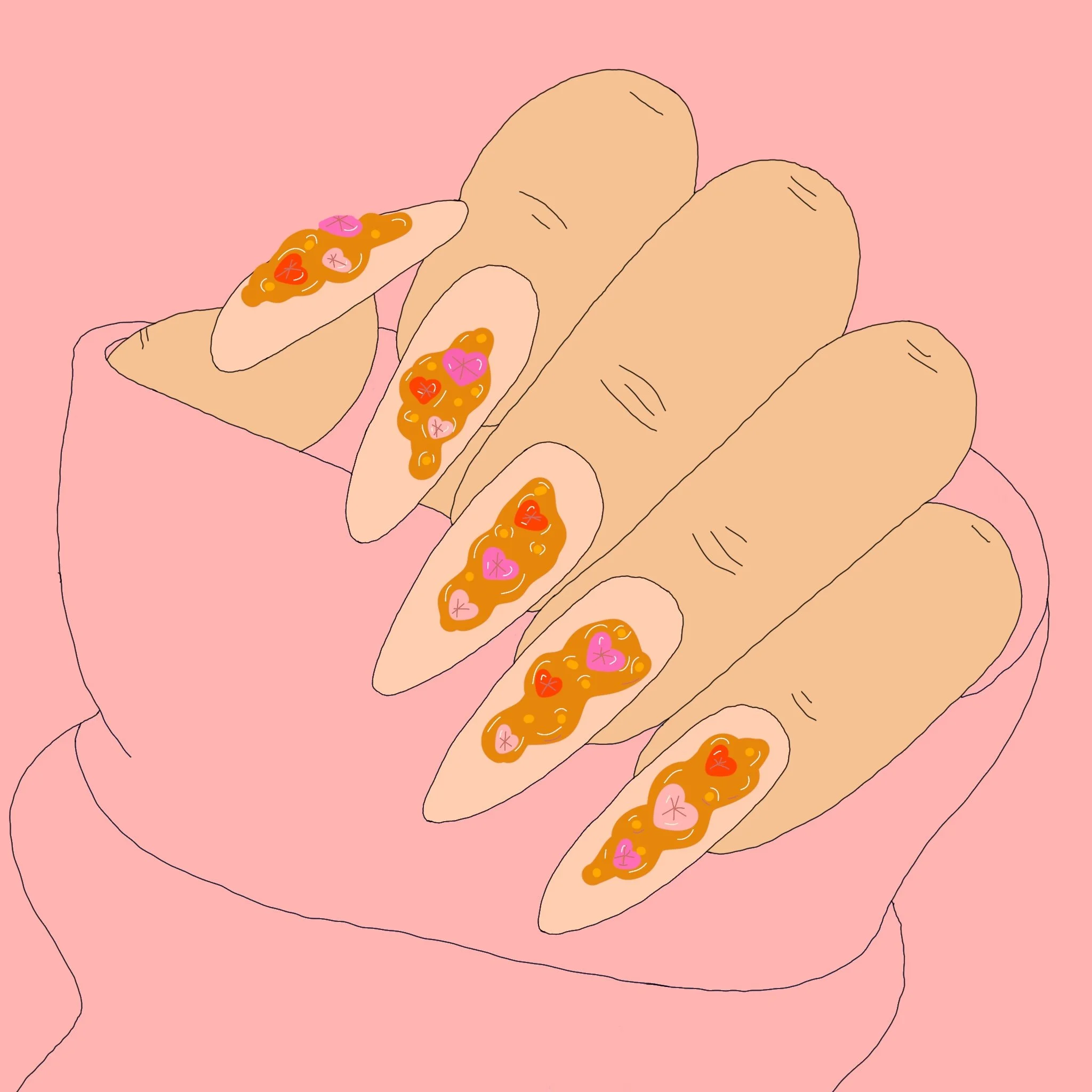 Line drawing of a person with long hair holding a hand to their face, wearing a pink shirt, against a pink background.