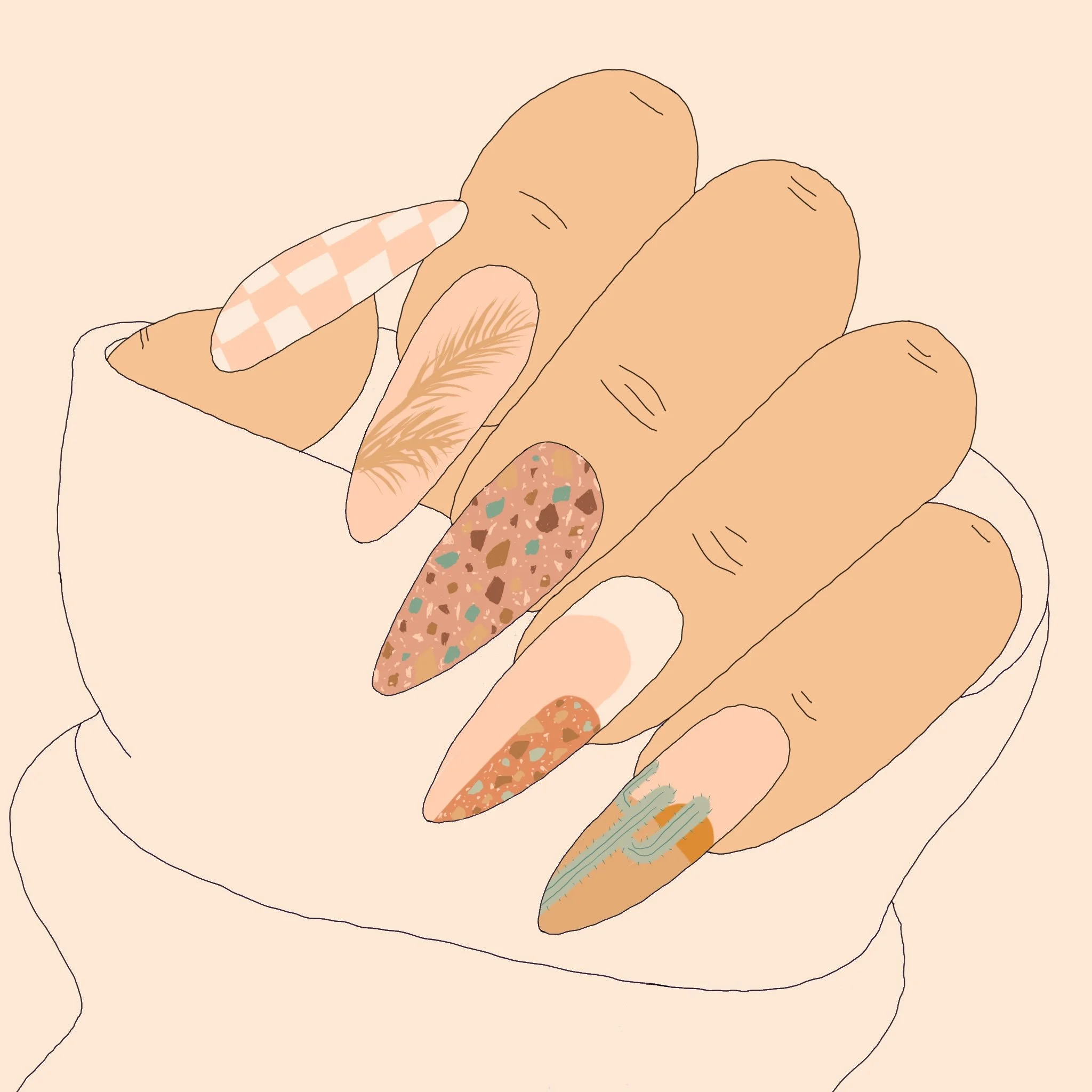 A drawing of a hand with nails painted in various colors and patterns, resting on a pinky finger of the same hand.