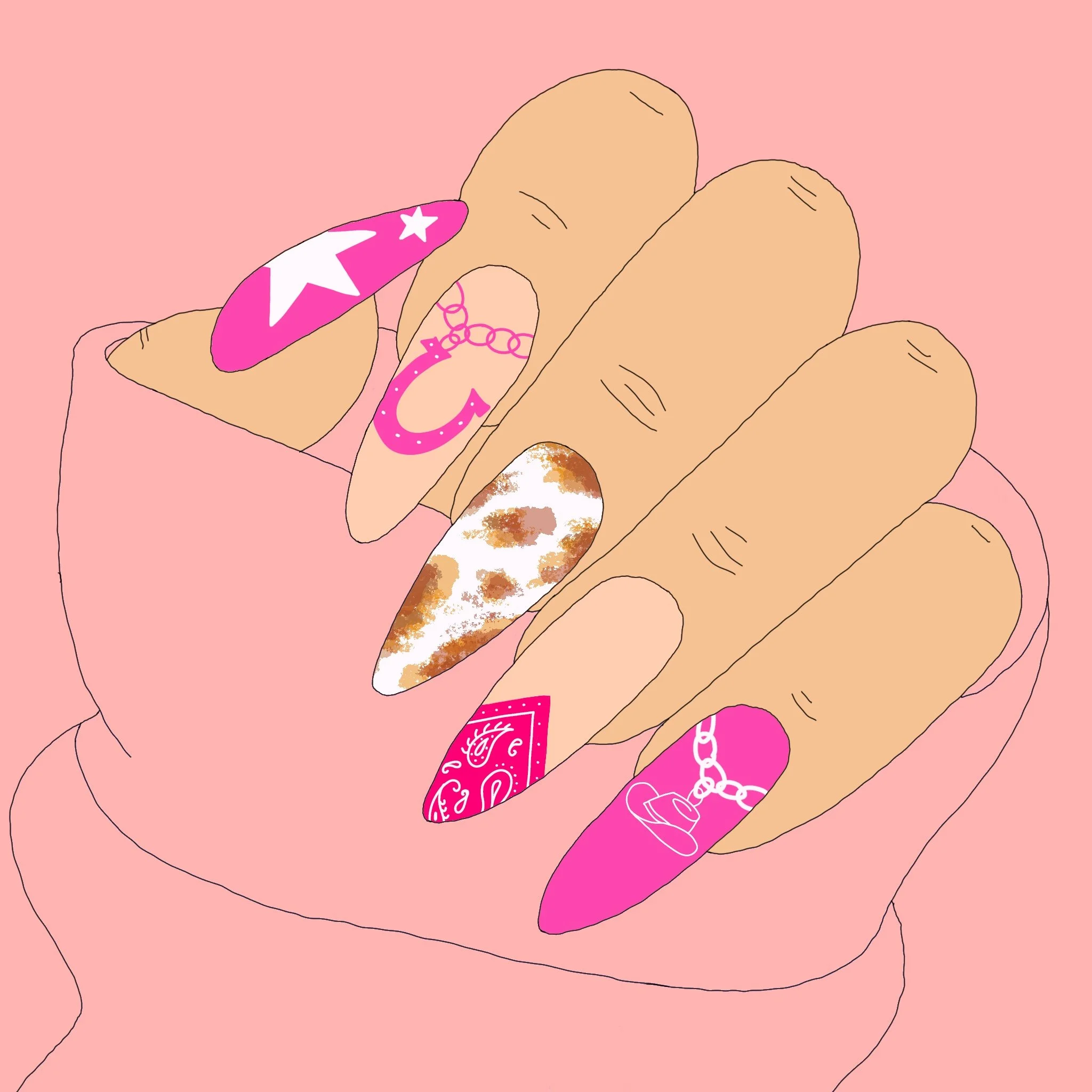 A drawing of a hand holding a cone-shaped ice cream wrapped in pink and white wrapper with decorative designs, set against a pink background.