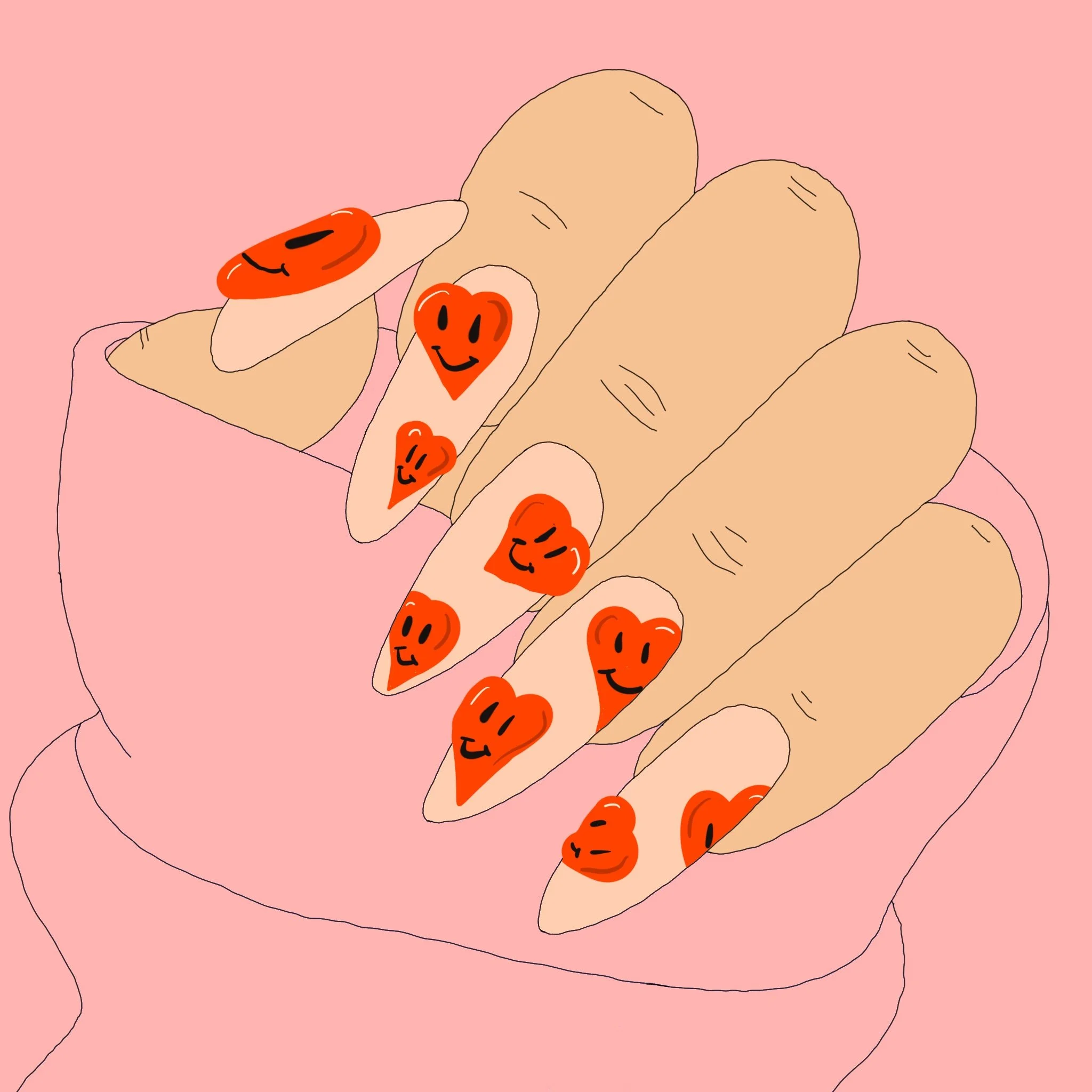 Close-up of fingers with nail art featuring orange cartoon faces with black eyes and smiles, against a pink background.