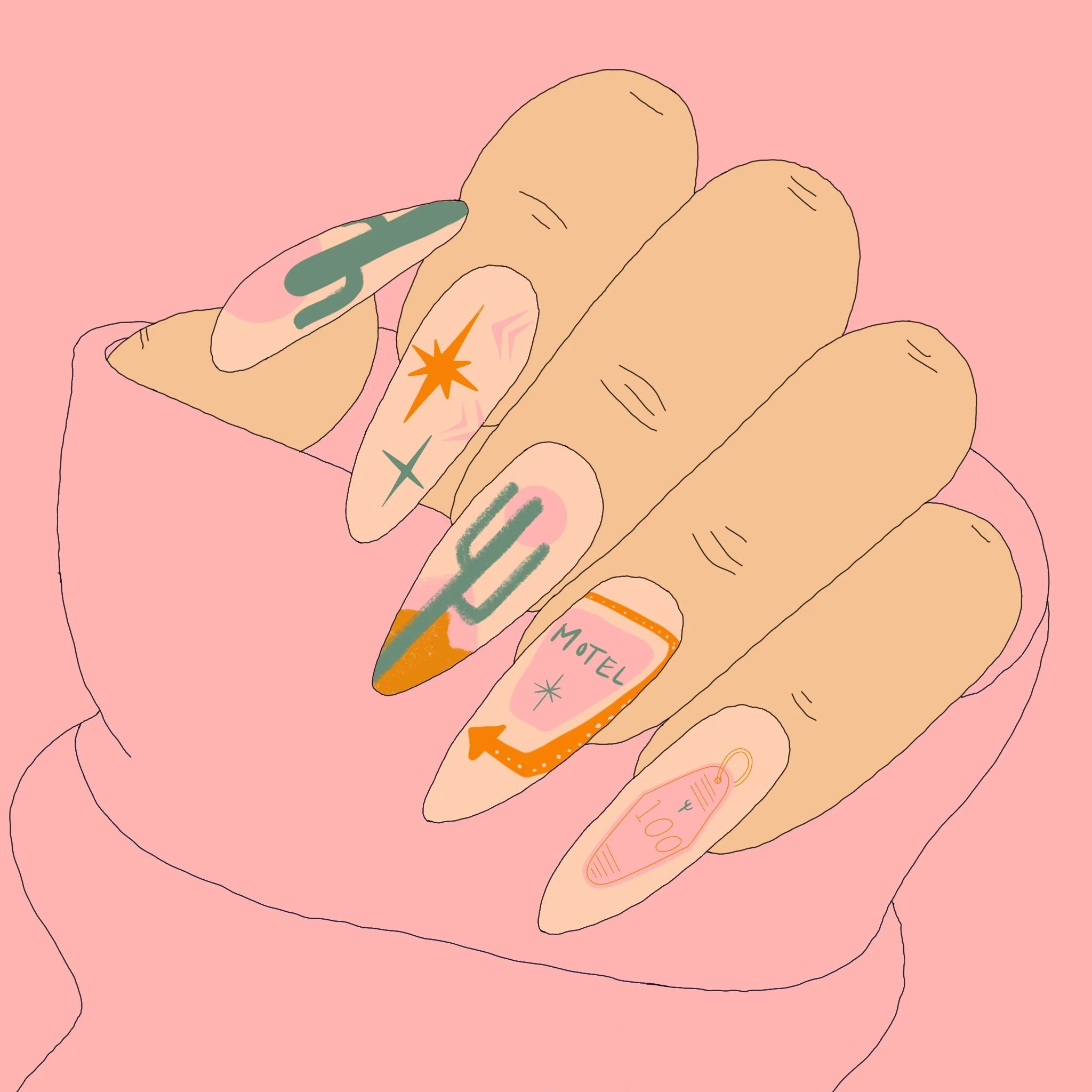Illustration of a hand holding a bottle of motion sickness medication, with a pink background.