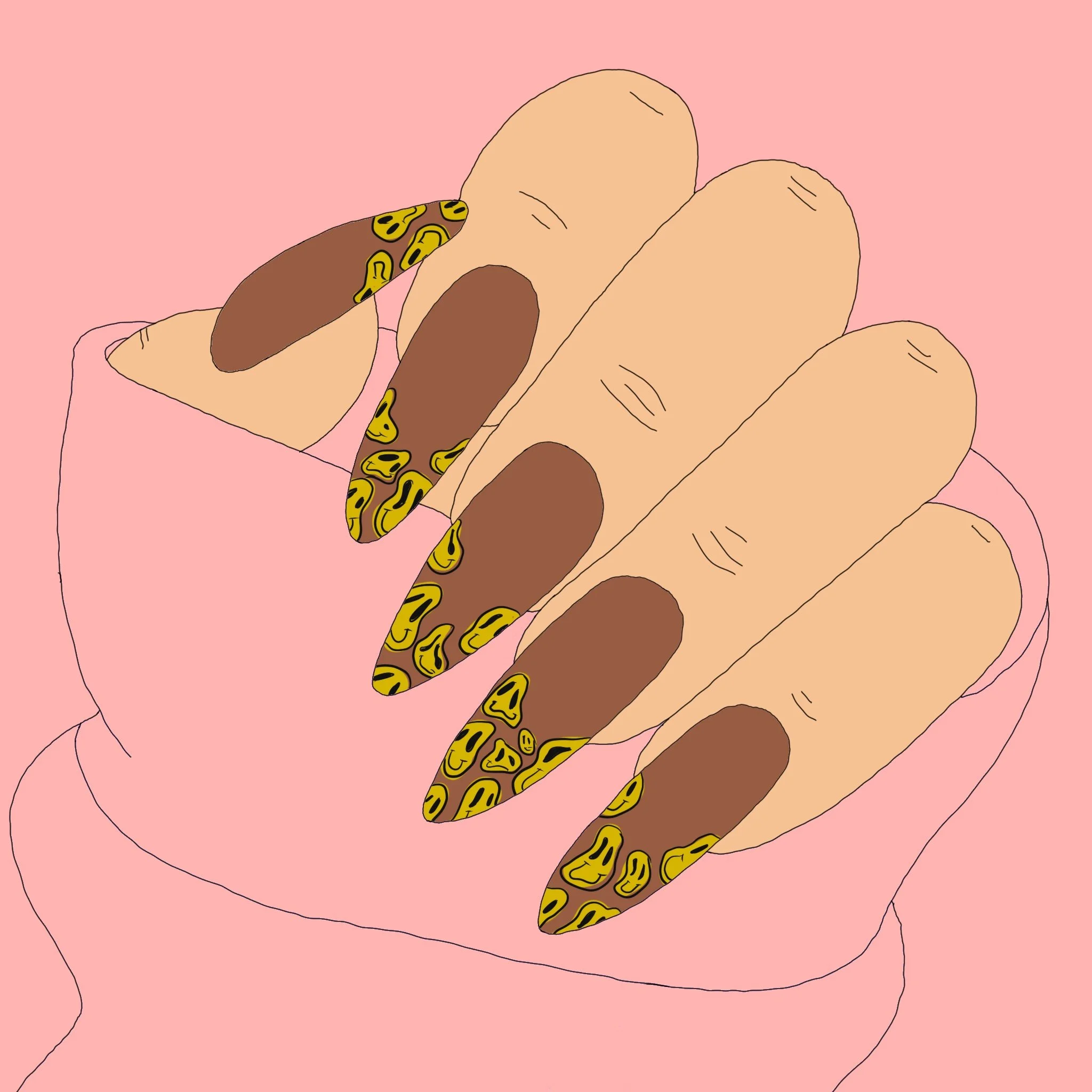 Drawing of a hand with a snake wrapped around the fingers against a pink background.