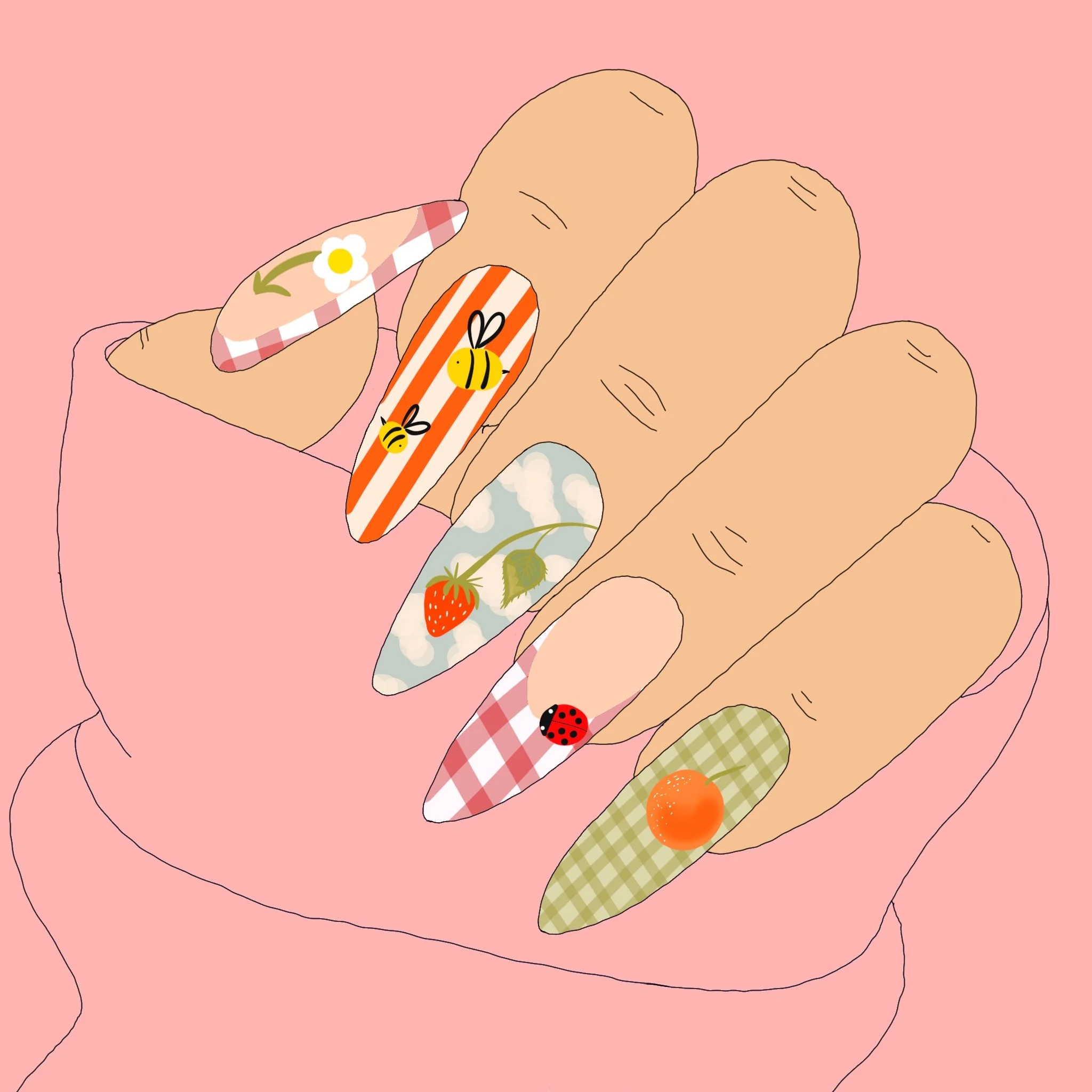 A hand with four fingers visible, showing decorated nails with cute, colorful designs including a flower, bees, strawberries, and a checkered pattern, against a pink background.