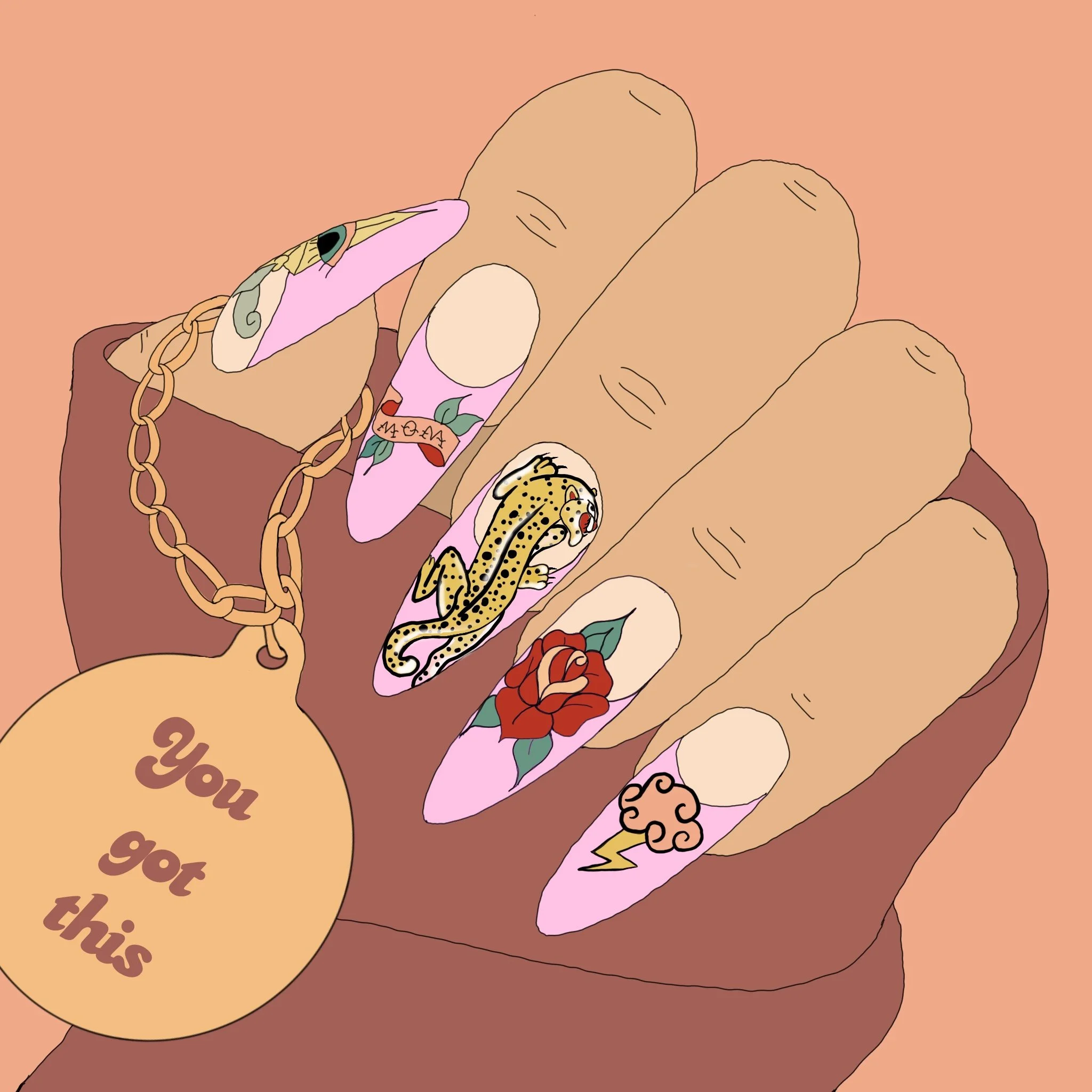 Close-up of a hand holding a pink ring with various tattoos on fingers and wrist, including a leopard, a flower, and a message that reads 'LOVE' and 'YUN' in cursive, against a background of peeled potatoes and a peach-colored surface.
