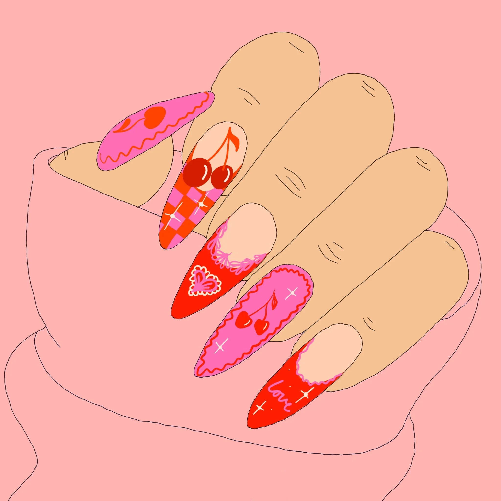 Illustration of hands with decorated nails, some featuring cherries, hearts, and words, over a pink background.
