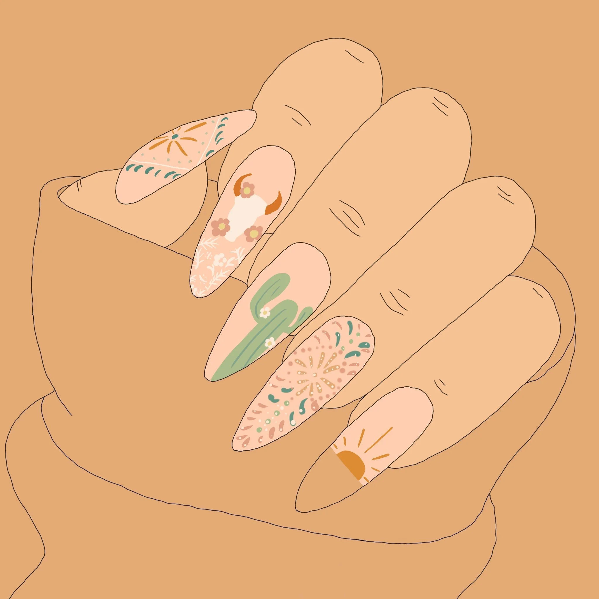 A digital illustration of a hand with decorated nails featuring various floral and geometric designs on each nail against a plain background.