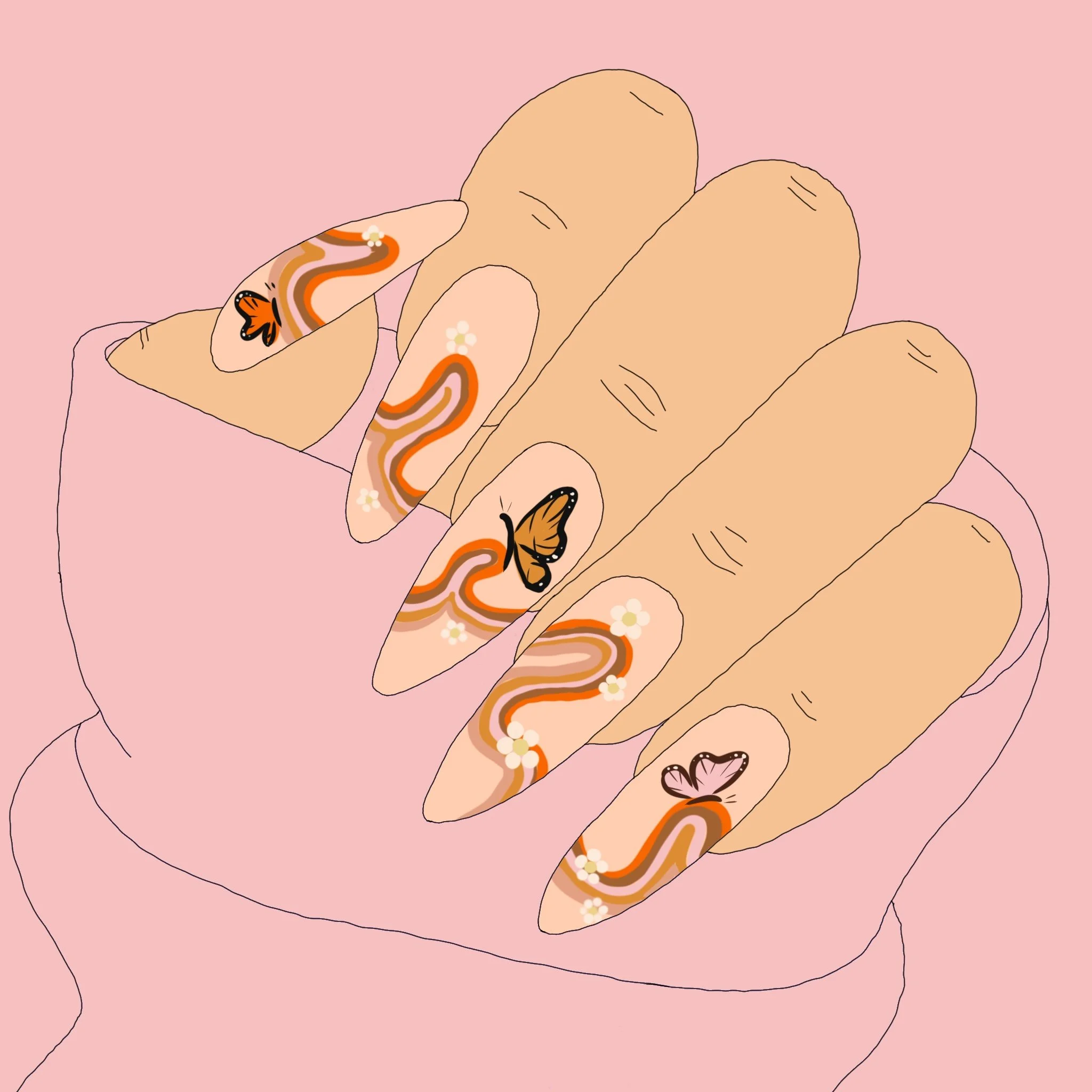 Illustration of a hand with decorated nails on a pink background.