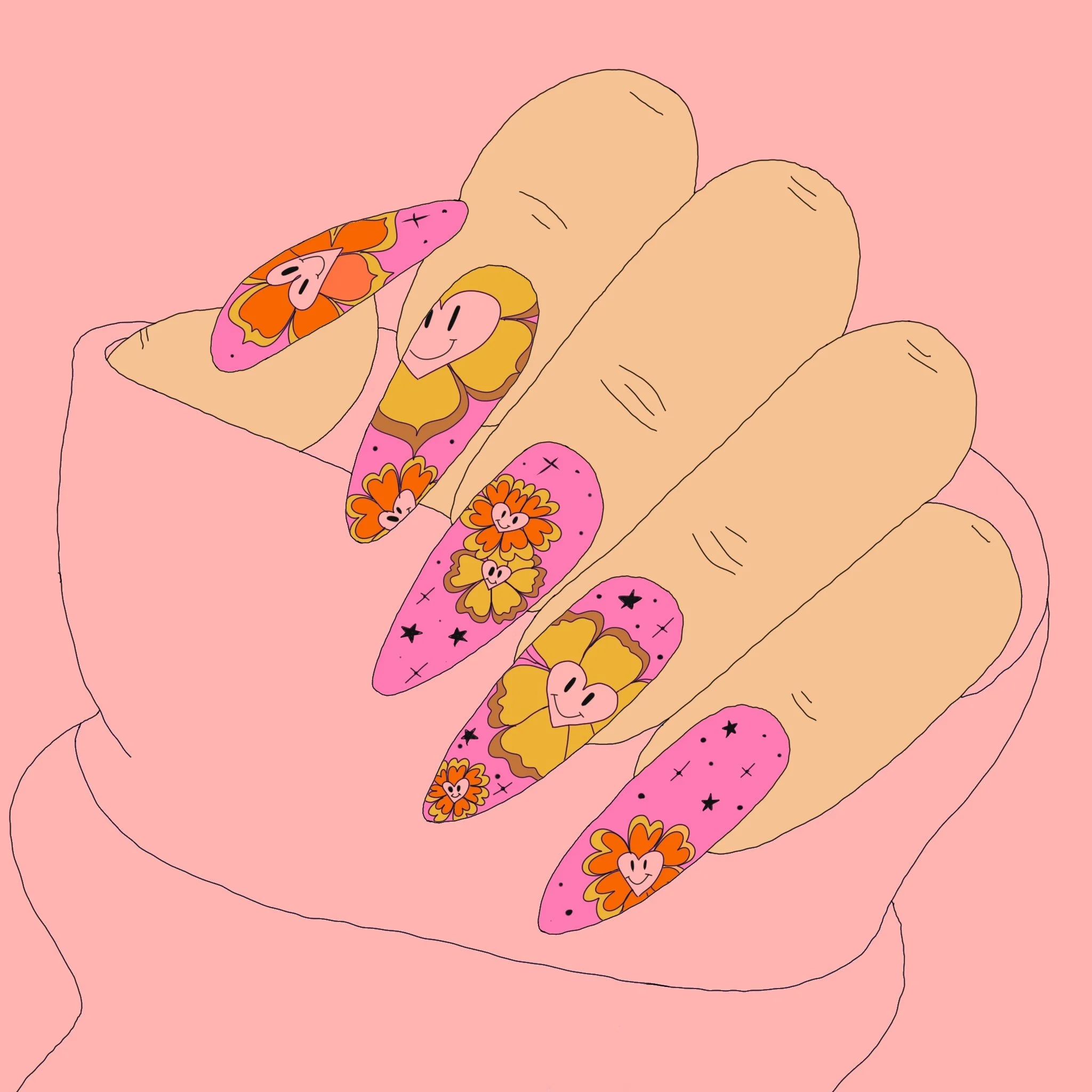 Close-up illustration of fingers with nails painted pink, decorated with smiling flower and butterfly designs, set against a soft pink background.