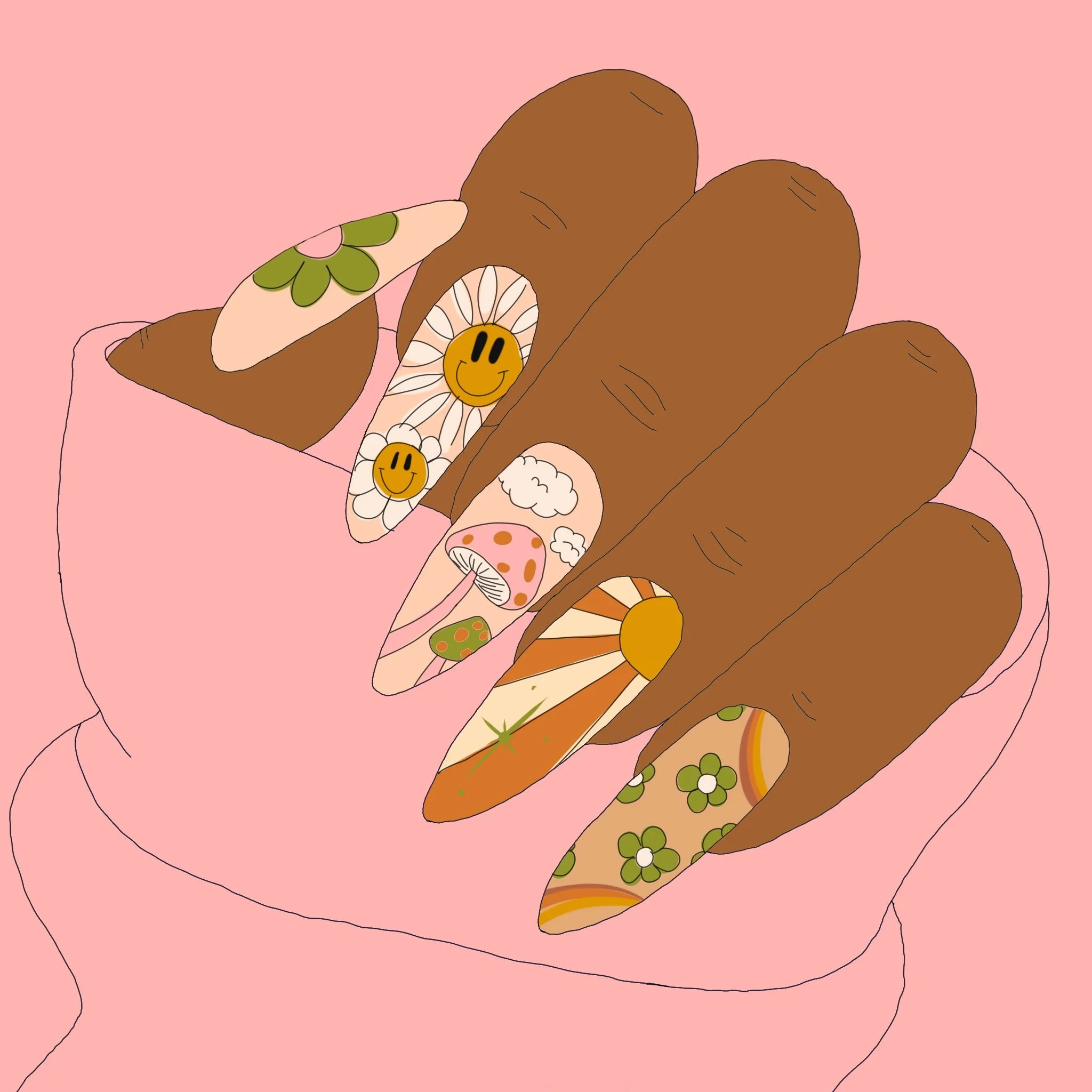 A drawing of two hands holding a pile of rocks with various colors and patterns, including smiley faces on some of the rocks, against a pink background.