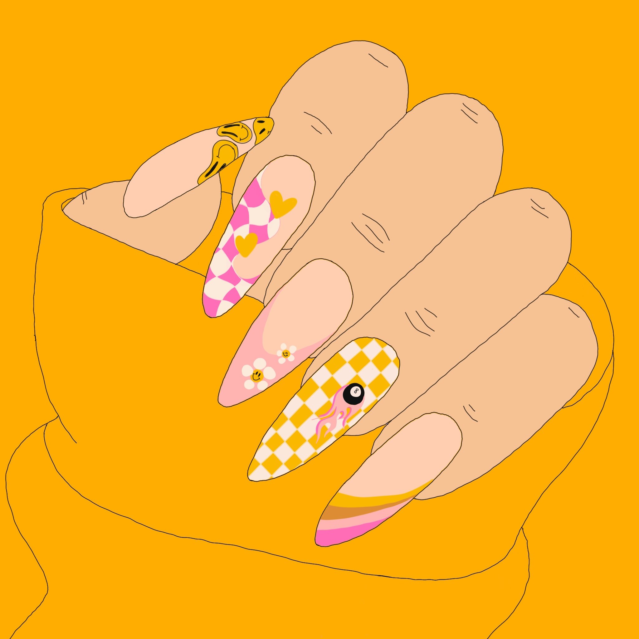 Close-up of hands with nails that have colorful, patterned designs, set against an orange background.