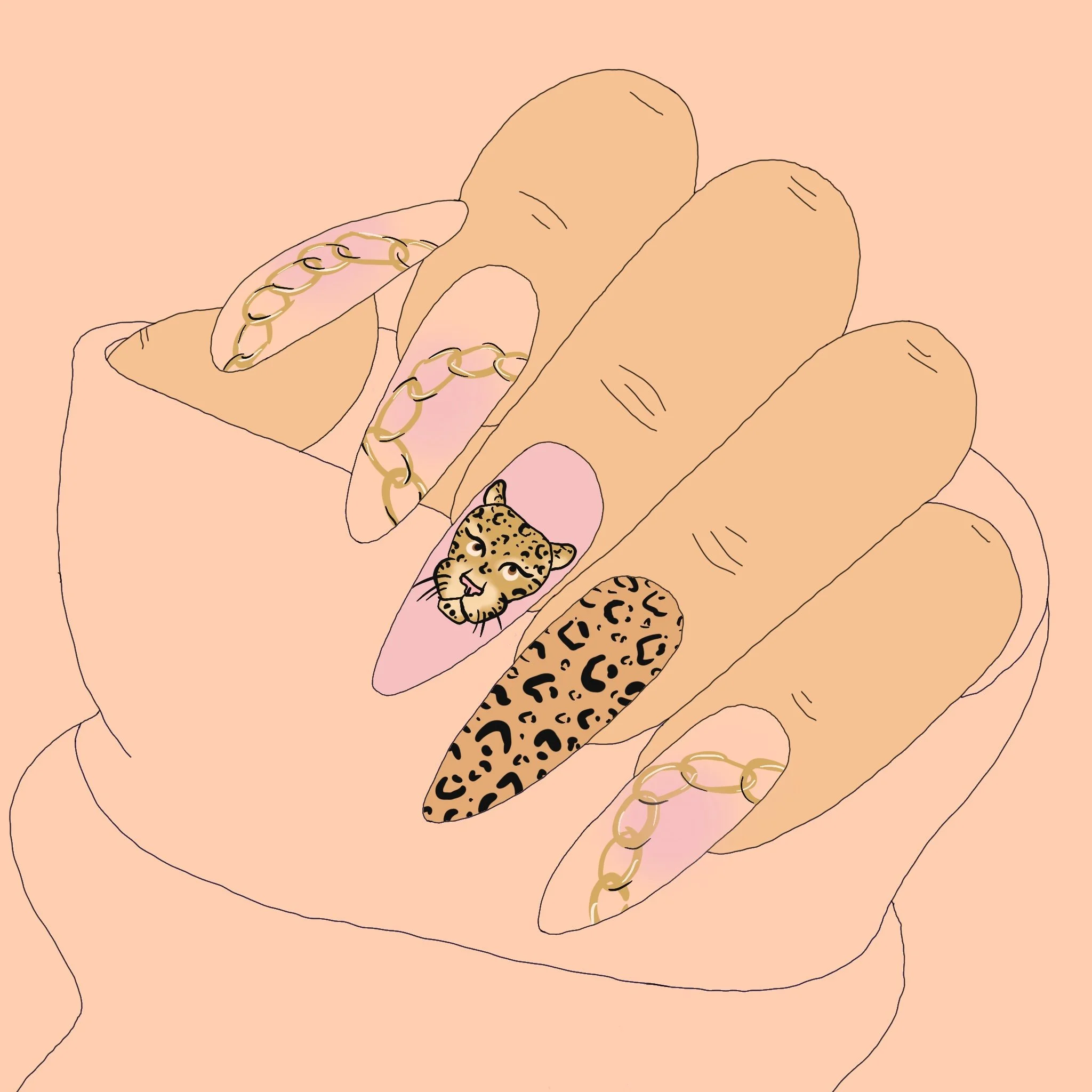 A drawn image of hands holding a gold chain and a ring with a leopard-print pattern, against a peach background.