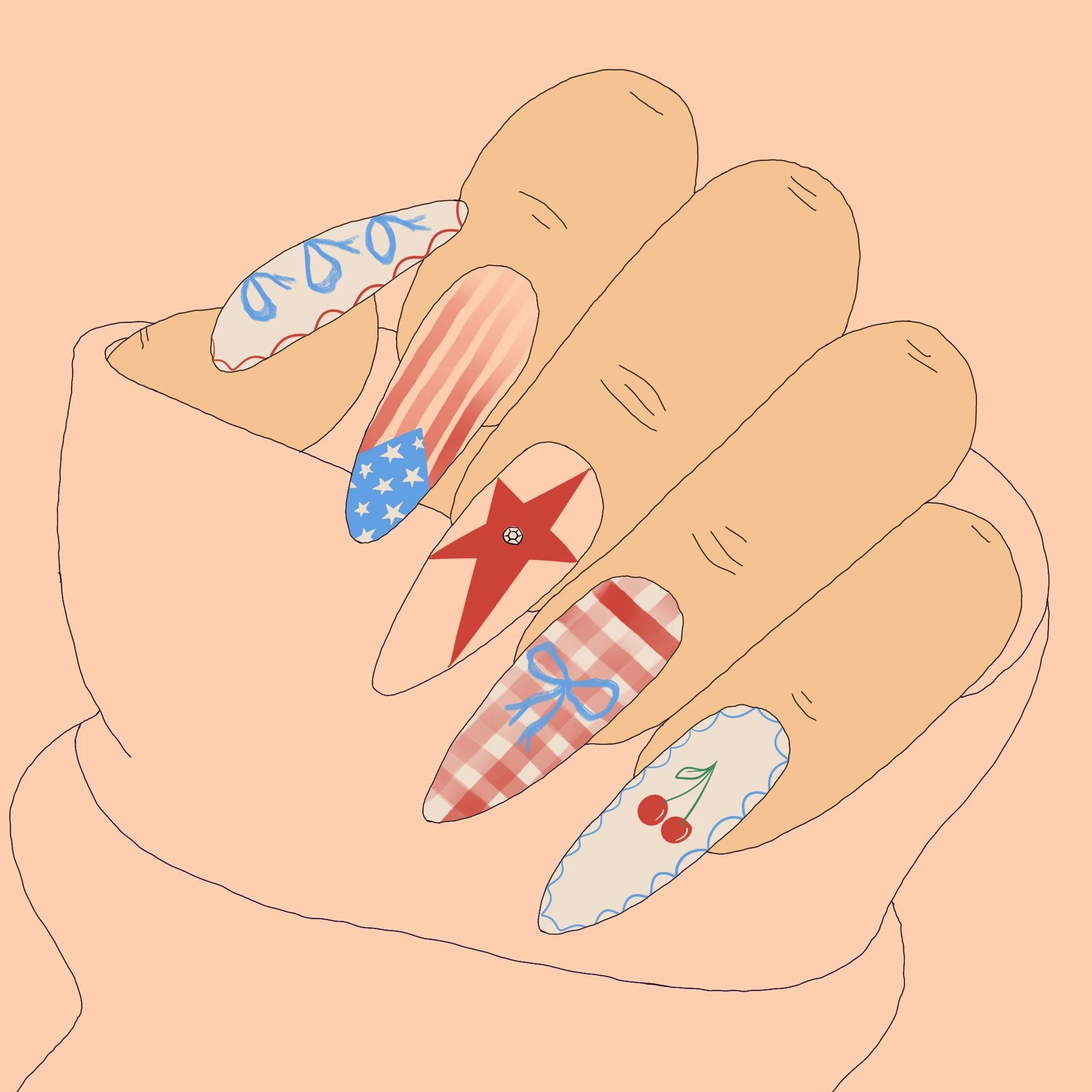 Illustration of several hands gripping a collection of bandanas with different patriotic patterns including stars, stripes, and cherries, against a peach-colored background.