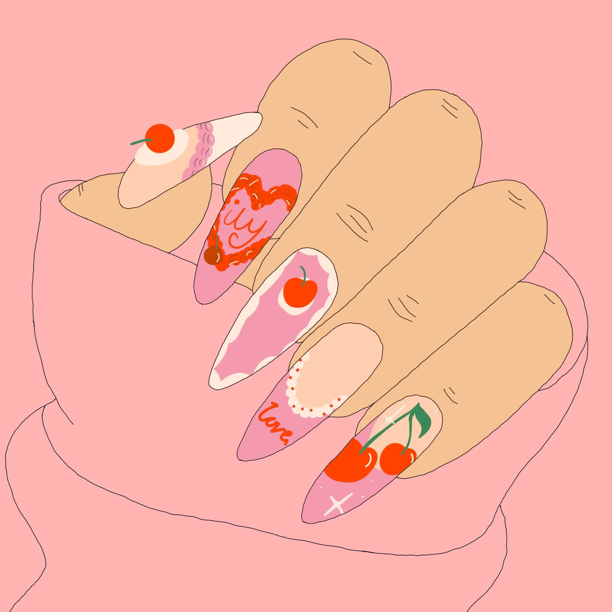 Illustration of two hands holding and peeling a banana, with cherries, a star, and text that says 'Yummy' written on the banana.
