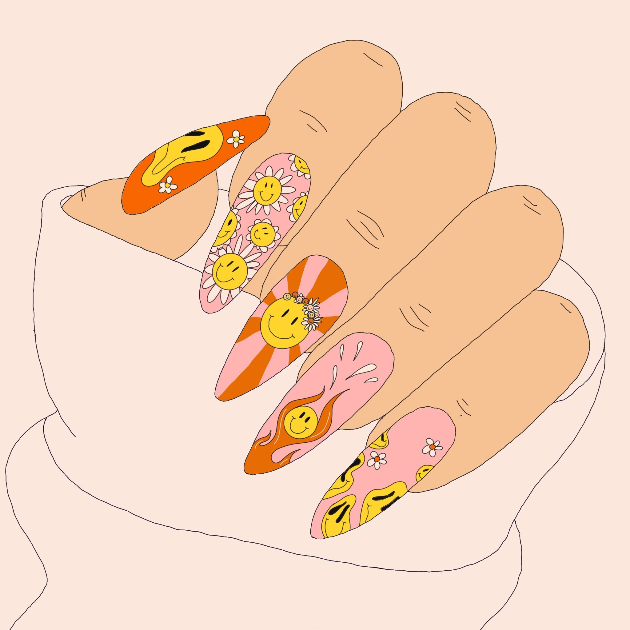 Illustration of two hands with decorated nails featuring smiley face and flower designs, against a pale background.