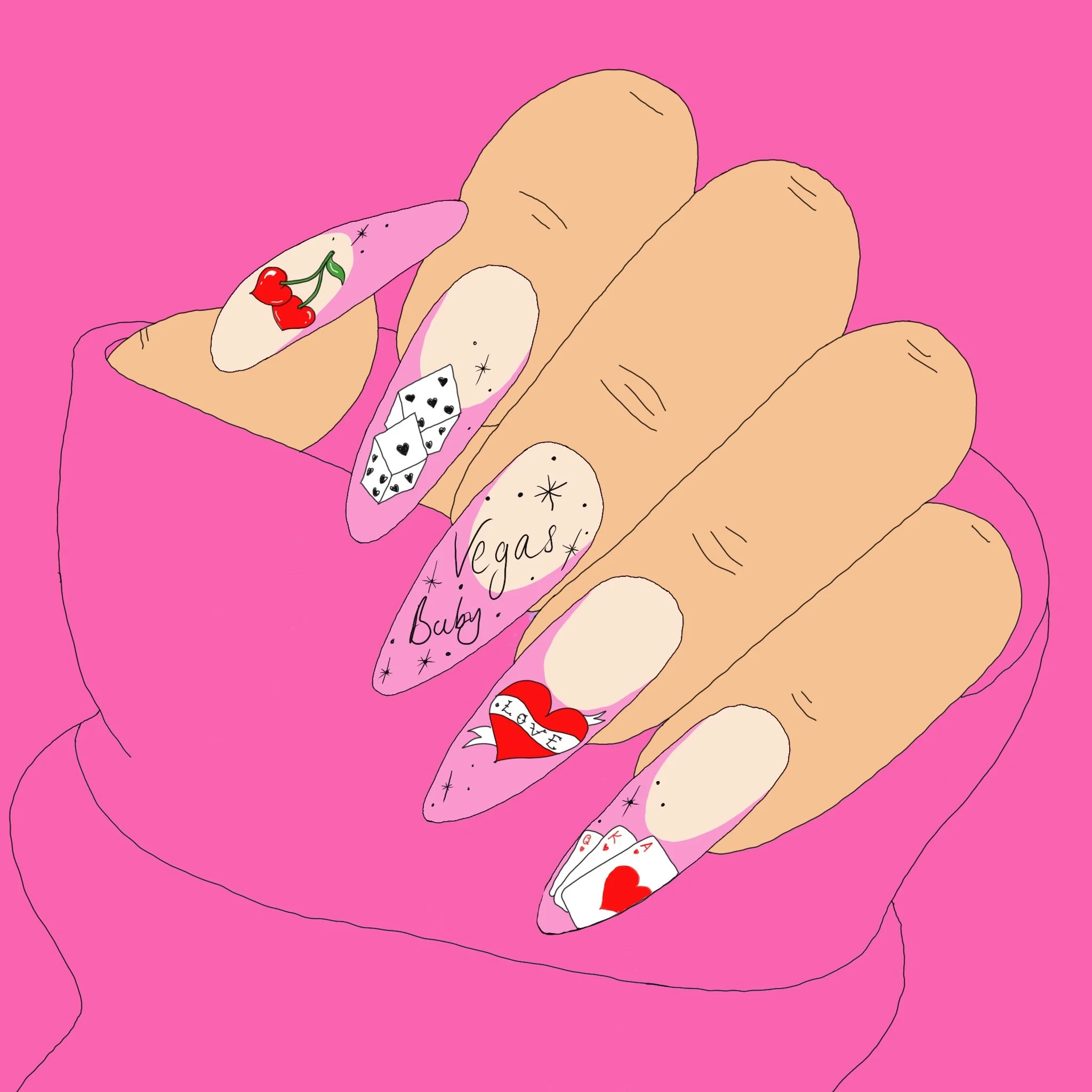 Illustration of a hand with pink nails holding playing cards, some with hearts and spades, against a pink background.
