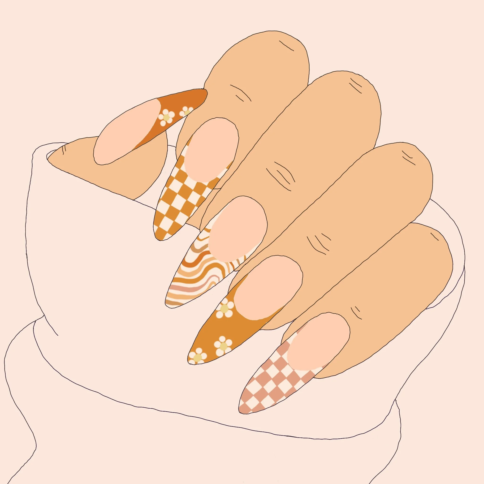 Line drawing of a hand holding a wrapped candy with a bow and floral design on the wrapper.