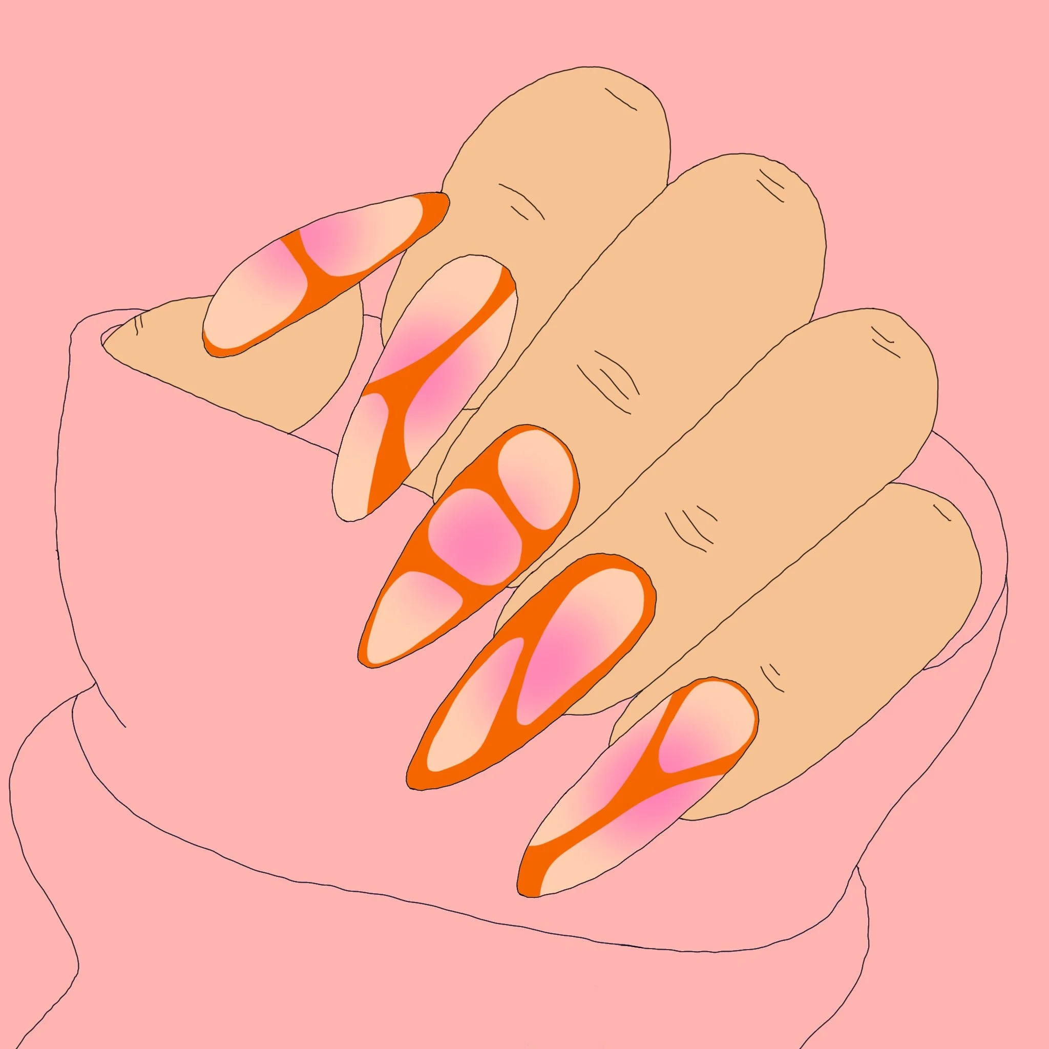 Close-up illustration of a hand with orange and pink nail designs on a pink background.