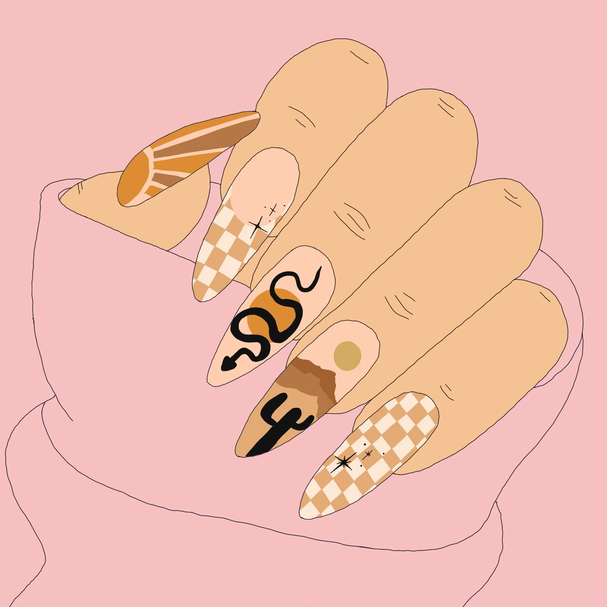 Line drawing of a hand with long, pointed nails painted in a nude color with black swirl designs, wearing a ring with a heart on it, against a pink background.