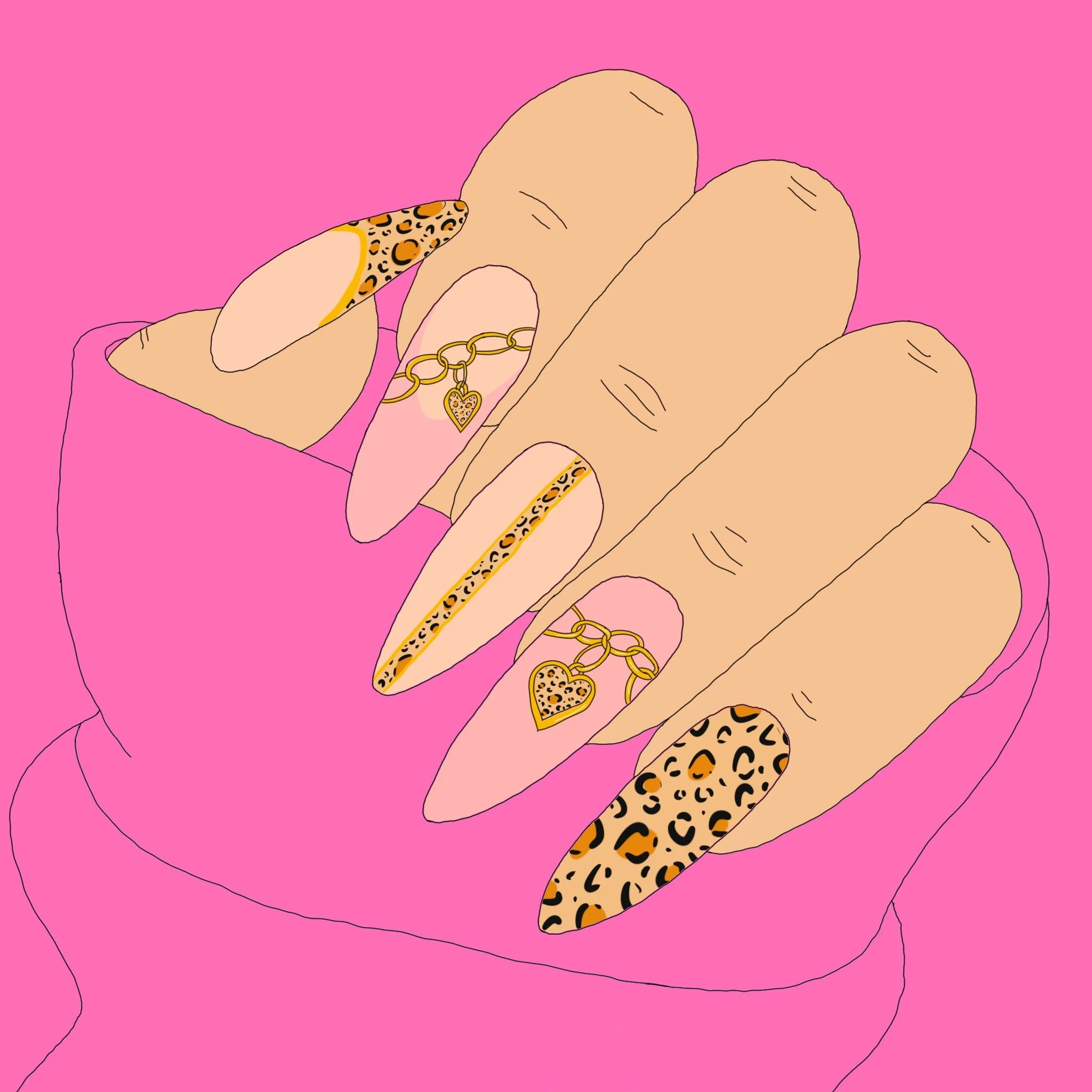 Hand with long nails and gold jewelry resting on pink fabric, showcasing leopard print design on nails and accessories.