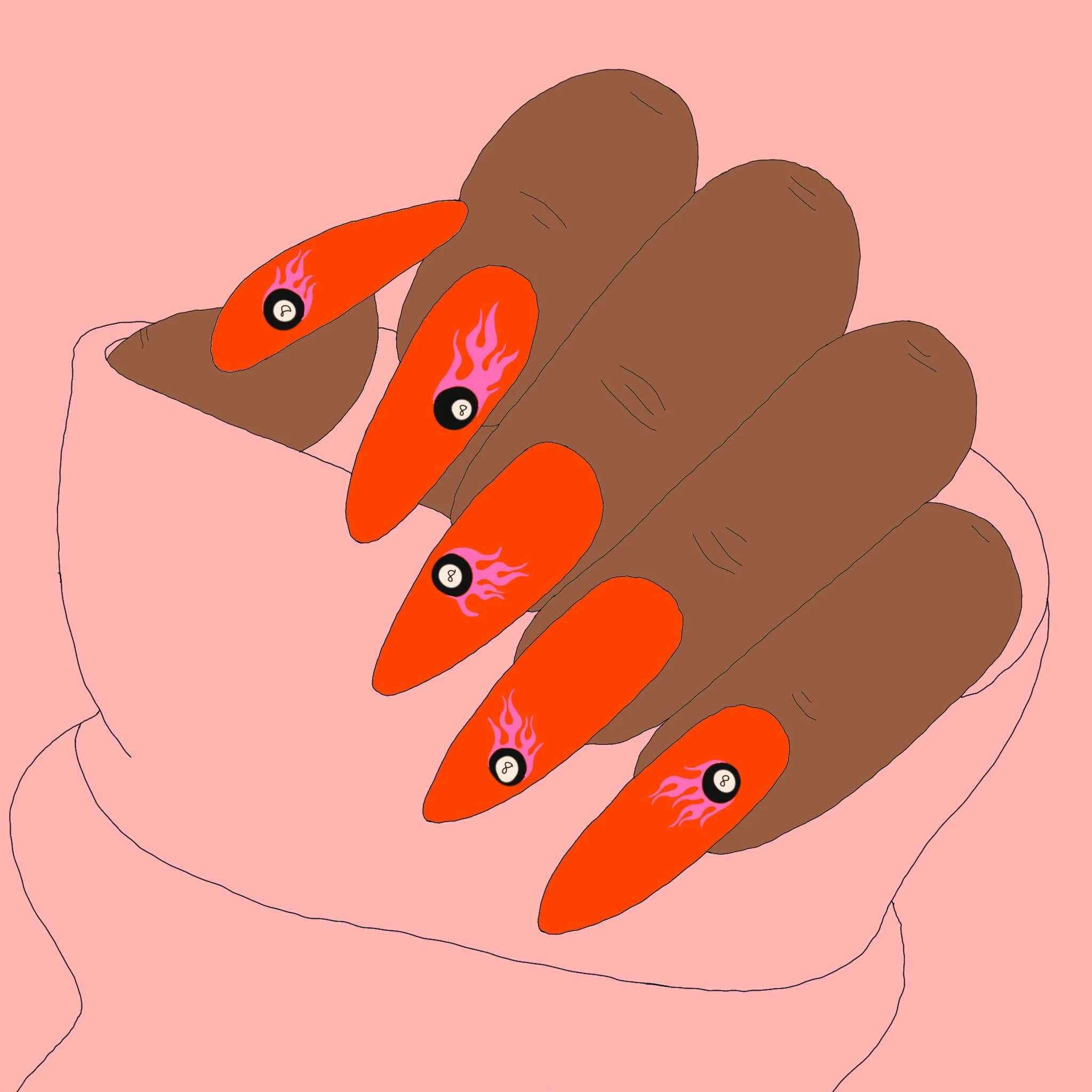 A digital drawing of a hand with long fingers holding a pile of brown rocks. Some of the fingers have red nail polish with black and white smiley face stickers, and pink flames.
