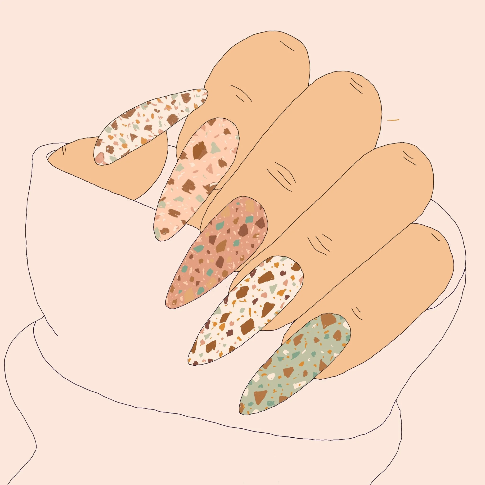 A hand holding a terrazzo-patterned primer