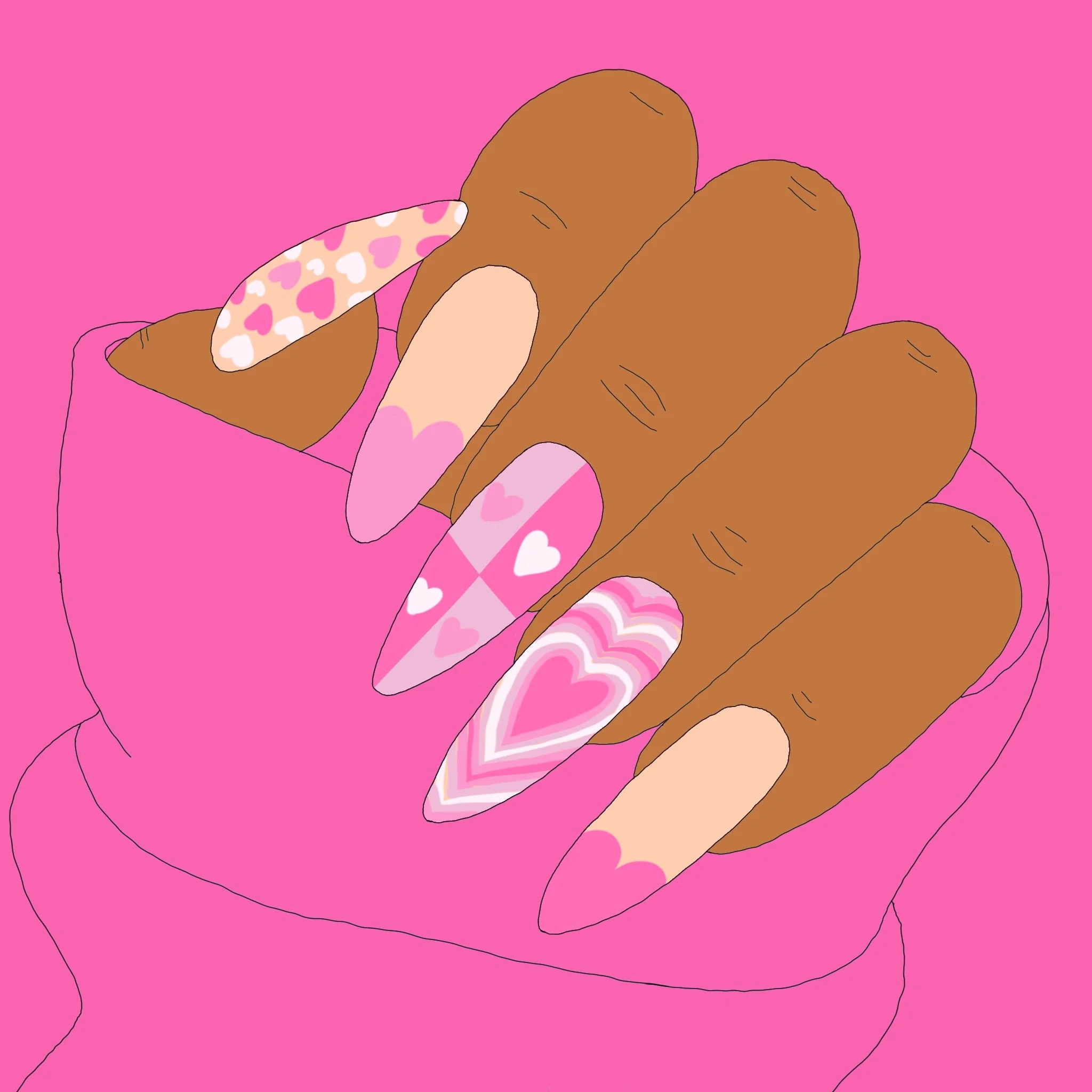 Close-up illustration of a hand with long nails painted with pink and white hearts, holding a small object with pink, white, and purple swirls, against a pink background.