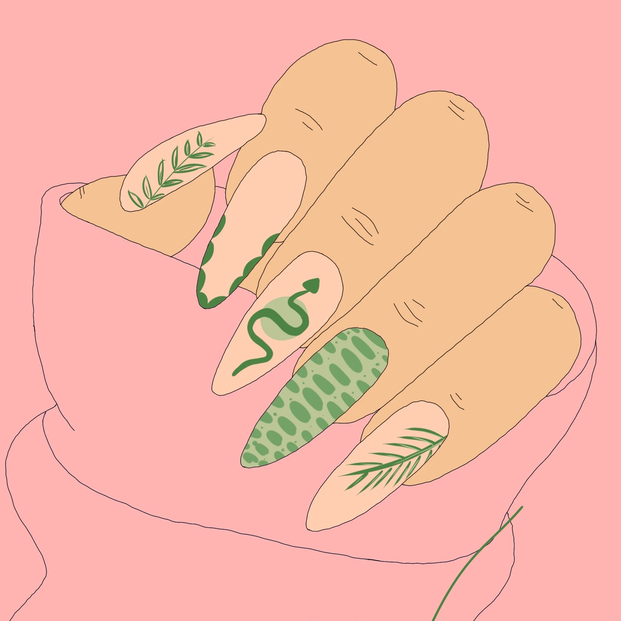 A minimalist illustration of a hand with a pink background. The hand has some green leaves and a snake tattoo on the index finger, displaying a clean and simple design.