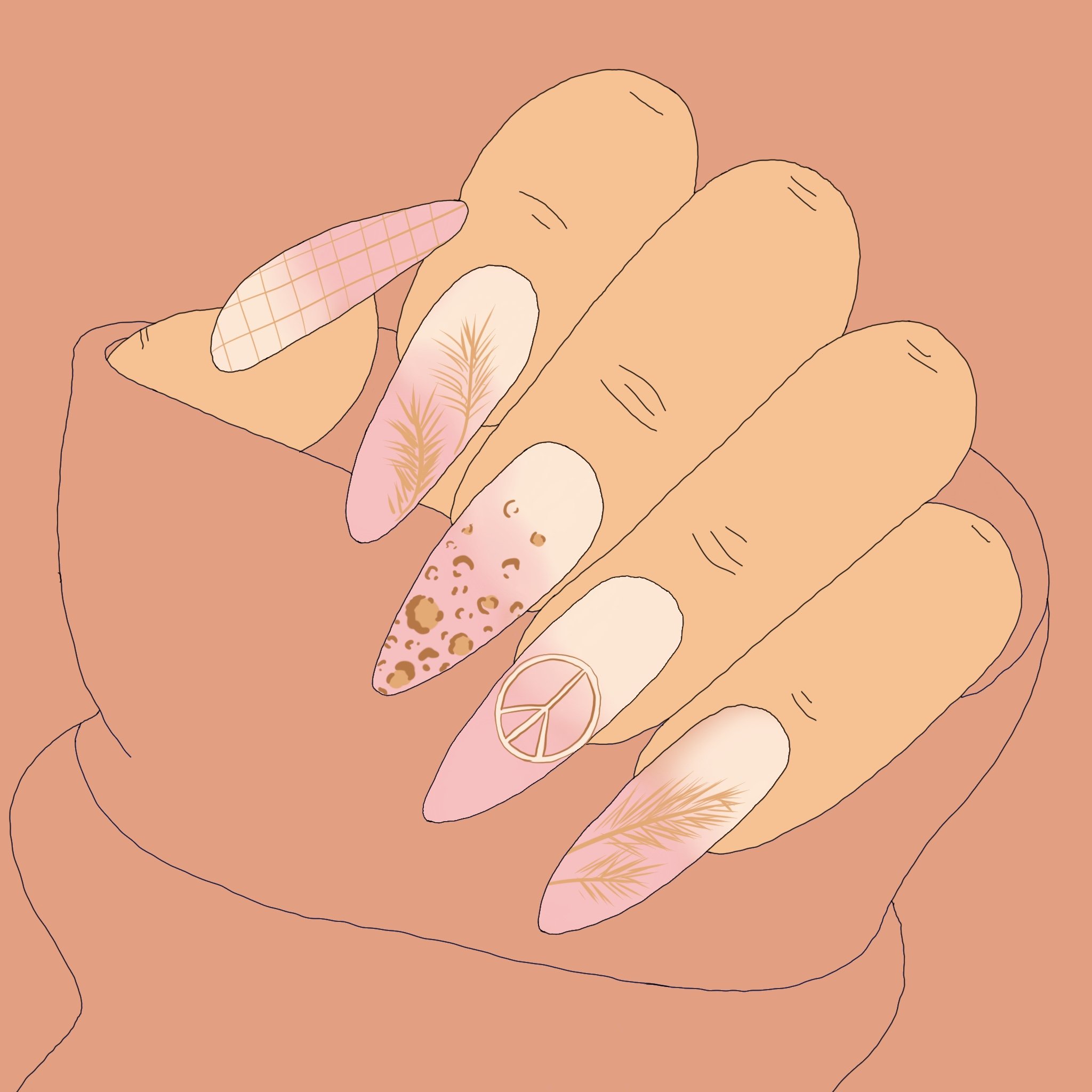A digital illustration of a hand with several fingers, featuring a pink and beige nail on the middle finger with a leaf design. The background is a plain brownish color.