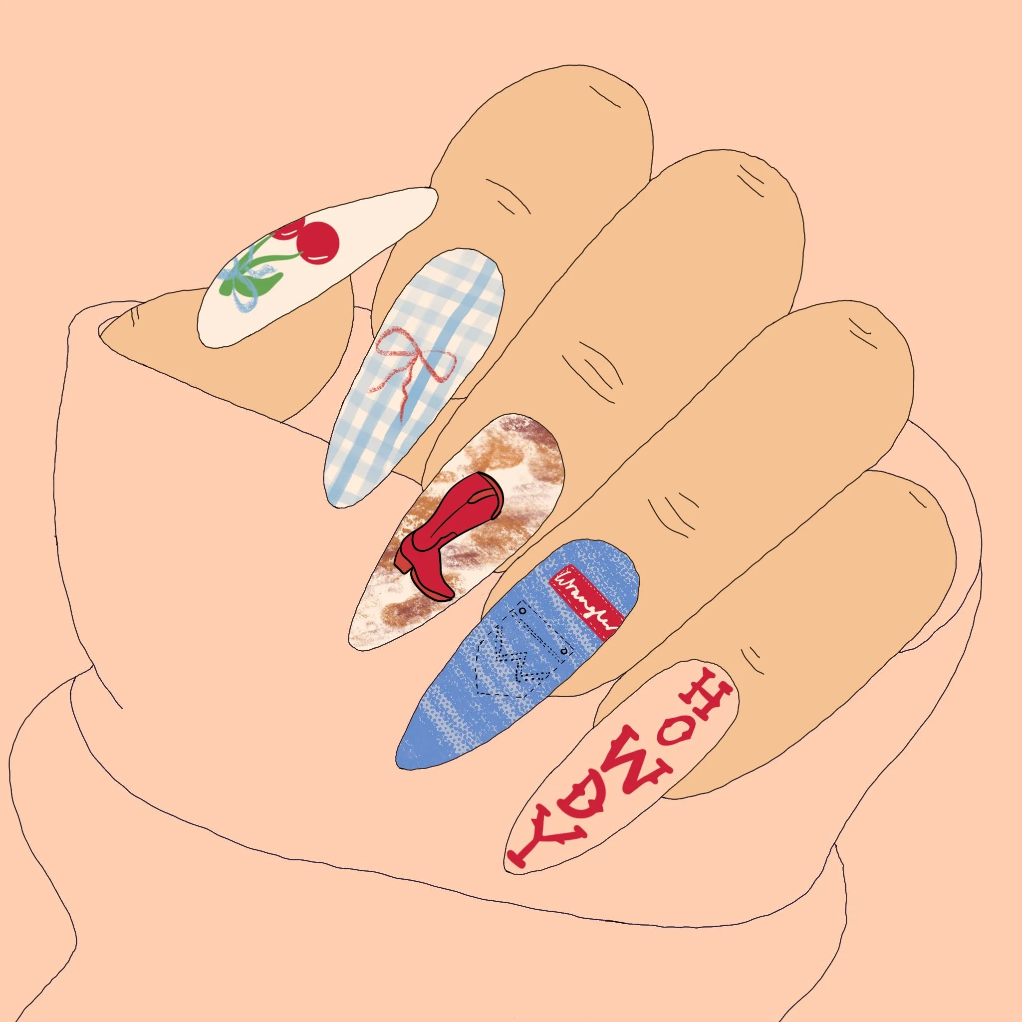 Close-up illustration of a hand holding a variety of colorful, patterned pills and capsules with different brands and designs.