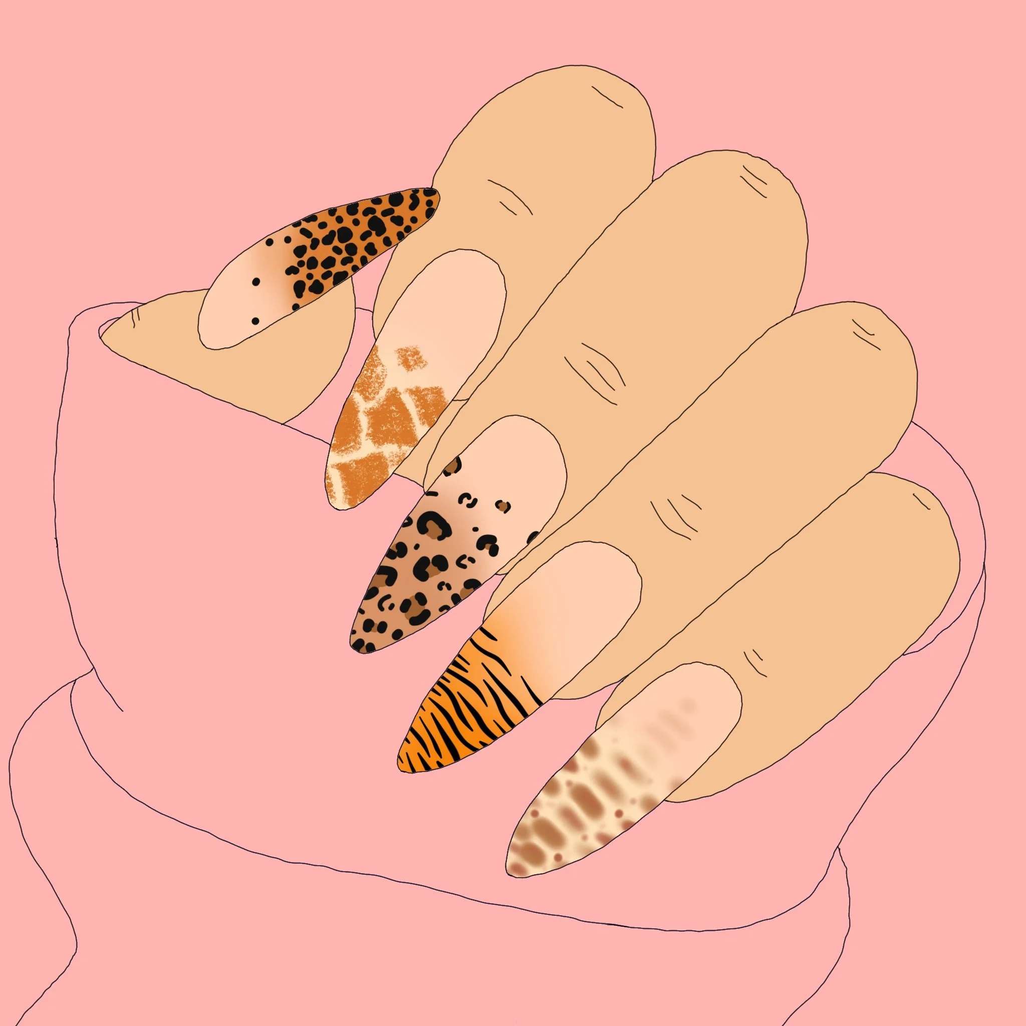 Digital illustration of a hand holding a piece of paper with abstract animal print patterns, set against a pink background.