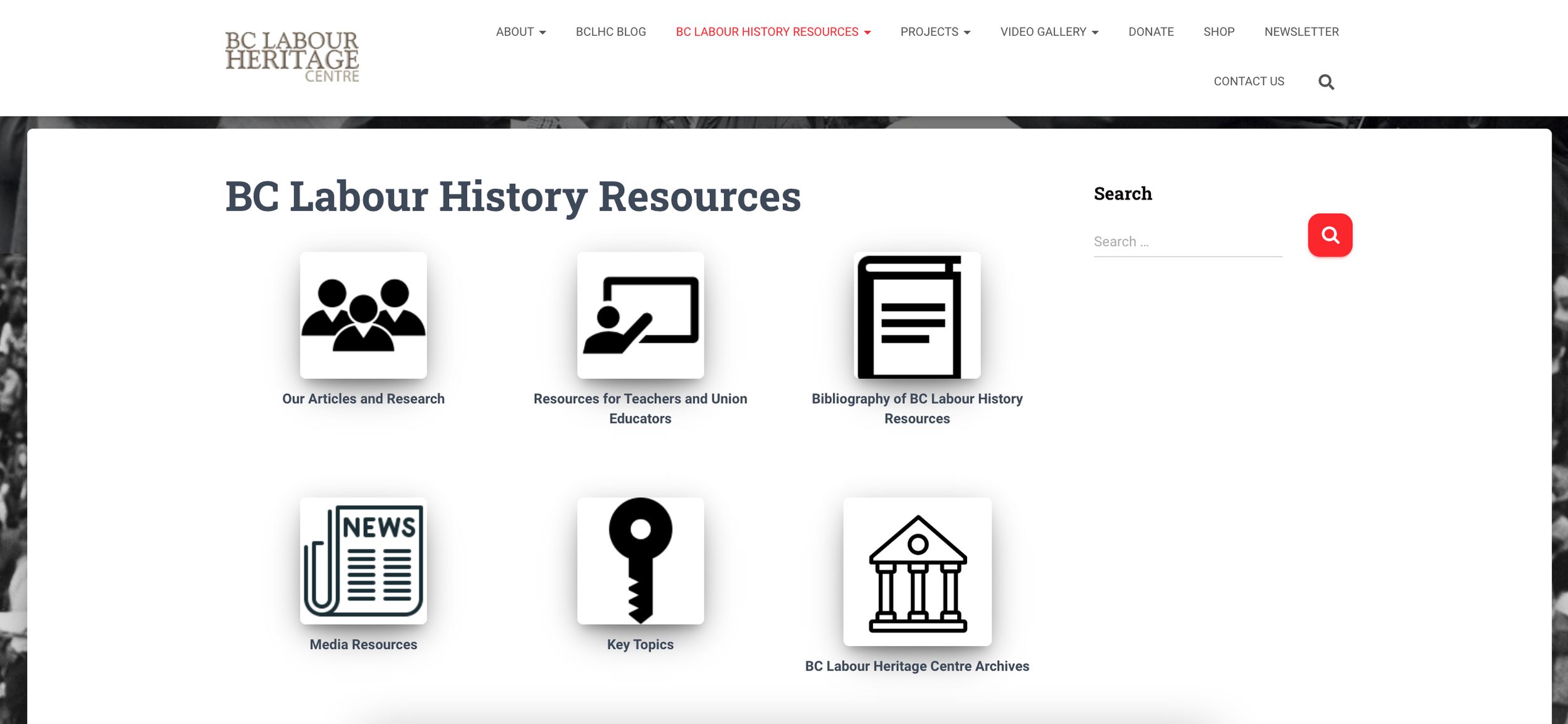 A screenshot shows the old website's resources page. The page is filled with six large, basic icons. Under each icon is a short line of very small text.