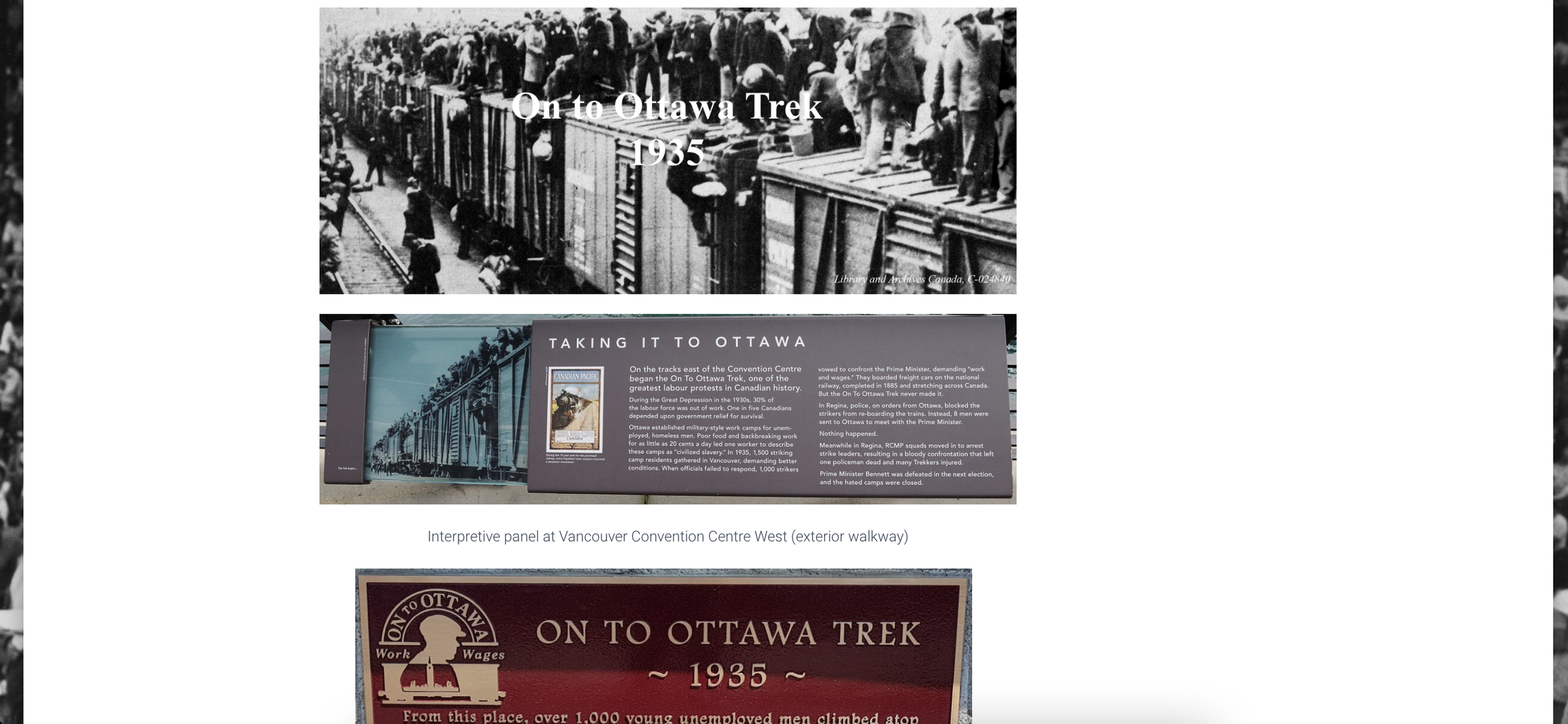 A screenshot shows an old page that features a black and white image of people on a train with white image over the top, and two photos of plaques.