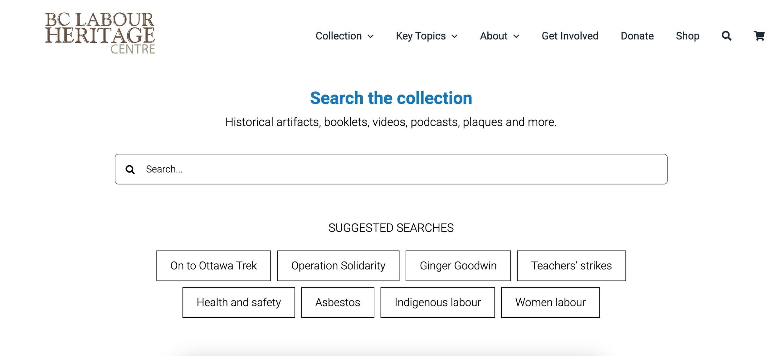 A screenshot shows the new search experience. Text encourages the user to search for various resource types. There is a wide search bar and eight suggested search term below it, such as On to Ottawa Trek and Operation Solidarity.