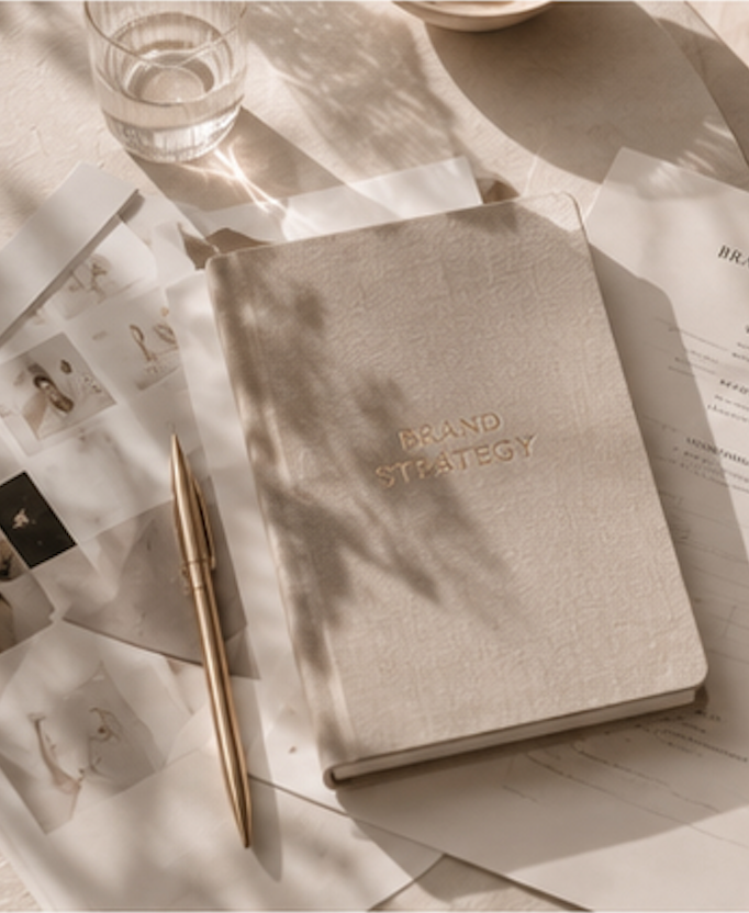 Notebook con la scritta 'Brand Strategy', penna dorata, foto stampate e documenti su un tavolo illuminato dalla luce naturale.