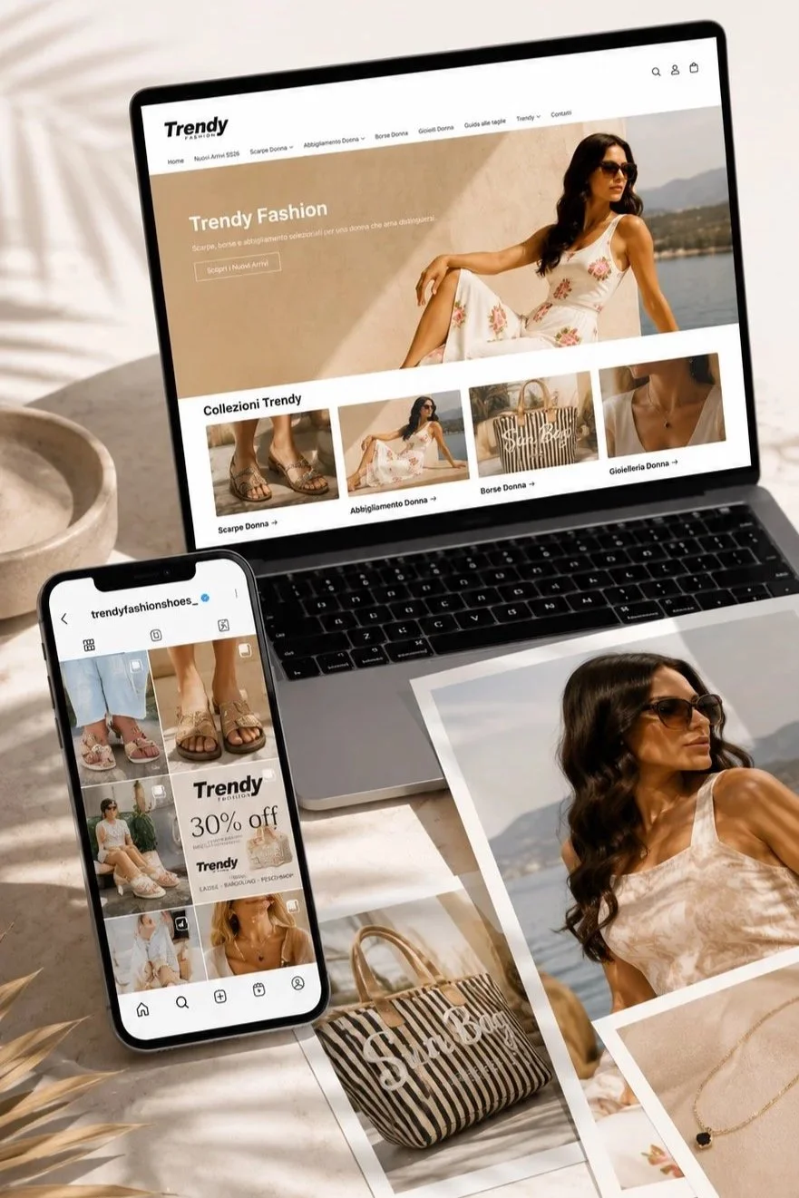 Schermo di un sito di moda femminile su laptop e smartphone con immagini di donne che indossano abiti estivi, sandali e occhiali da sole, e foto di borse da donna, insieme a materiali promozionali di uno sconto del 30% in italiano.