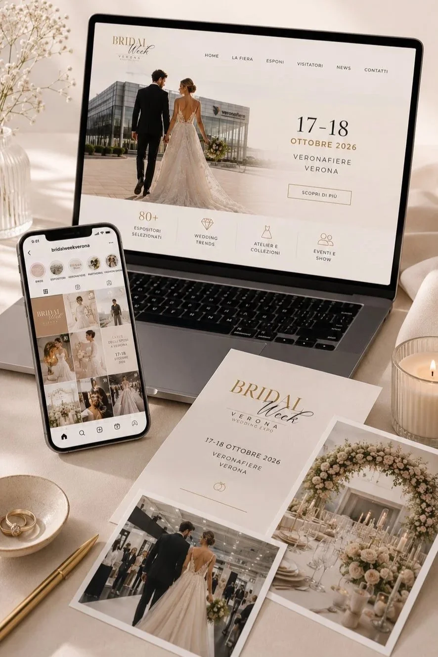 Schermo di un laptop e uno smartphone che mostrano pubblicità e immagini di un evento di matrimonio, con brochure e decorazioni floreali sul tavolo.