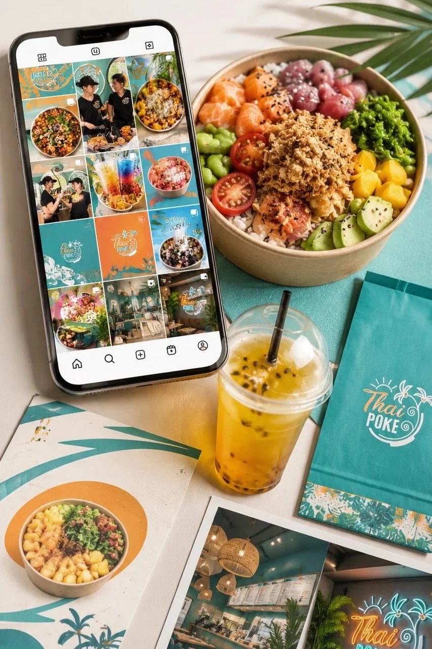 Un piatto di bowl con ingredienti come pomodori, cetrioli, mango, edamame, lime, pollo e semi, una bevanda con passione, e uno smartphone che mostra un profilo Instagram.