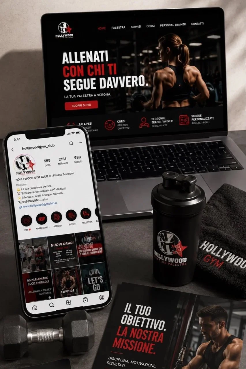 Materiale promozionale e attrezzature per la palestra. Una scrivania con un laptop, uno smartphone, una borraccia e un asciugamano con loghi della palestra, oltre a volantini informativi e manubri per esercizi.