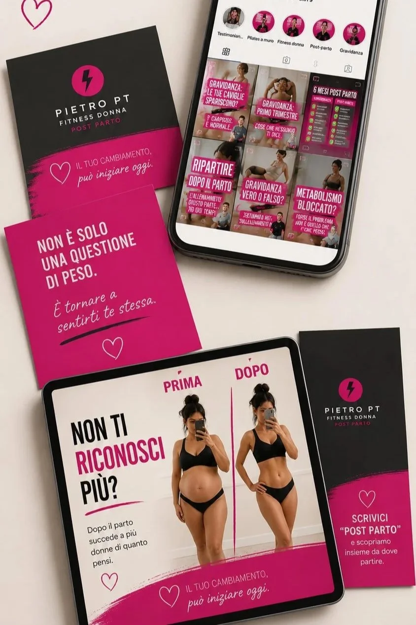 Grafica pubblicitaria di un programma di fitness post parto, con immagini prima e dopo di una donna, descrivendo il cambiamento fisico e invitando a scrivere 'Post Parto' per scoprire il percorso.
