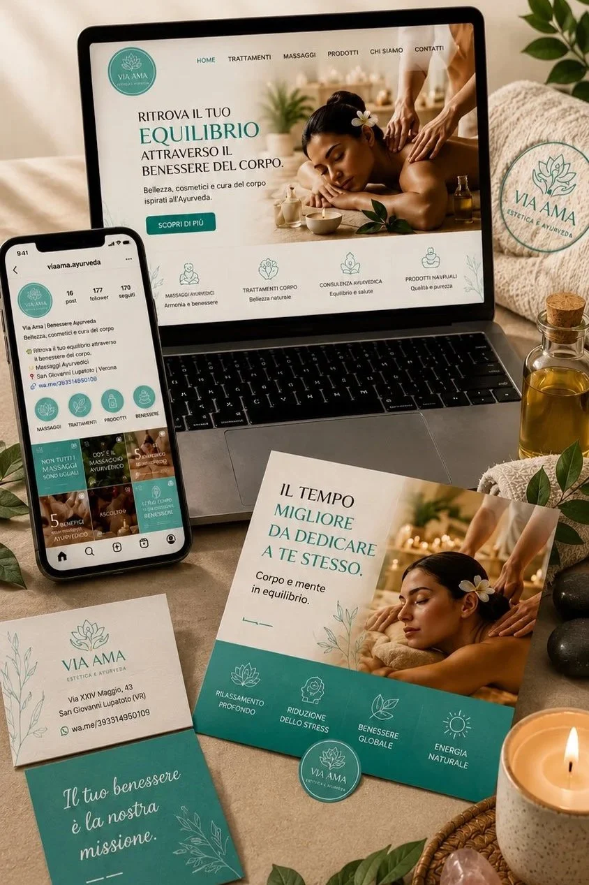 Un sito web sulla salute e il benessere a tema Ayurveda, un computer e uno smartphone che mostrano il sito, brochure promozionali, centri benessere e oli essenziali, con elementi decorativi come candele, foglie e pietre.