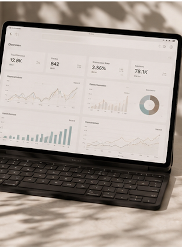 Schermo di tablet con dashboard di analisi dati, inquadrato su una tastiera e una superficie in marmo.